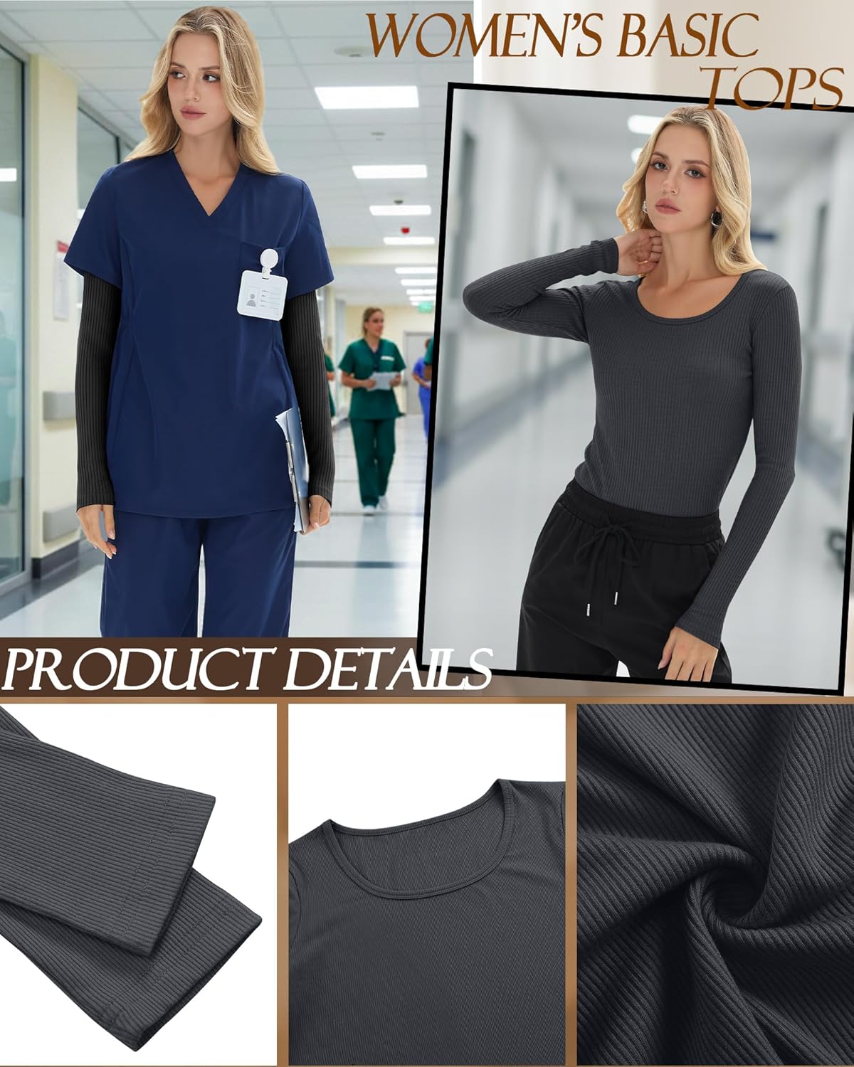 3 Pack Women's Long Sleeve Underscrub Shirts Cotton Scoop Neck Ribbed Scrub Tops Slim Fit Casual Basic Undershirts - Image 5