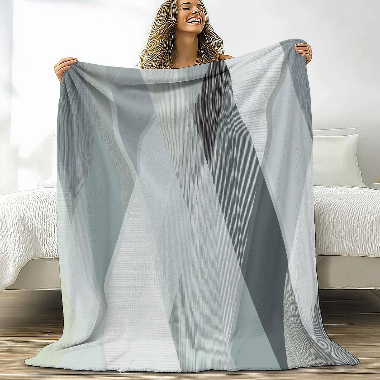 Plaid couverture polaire gris à lignes géométriques pour canapé