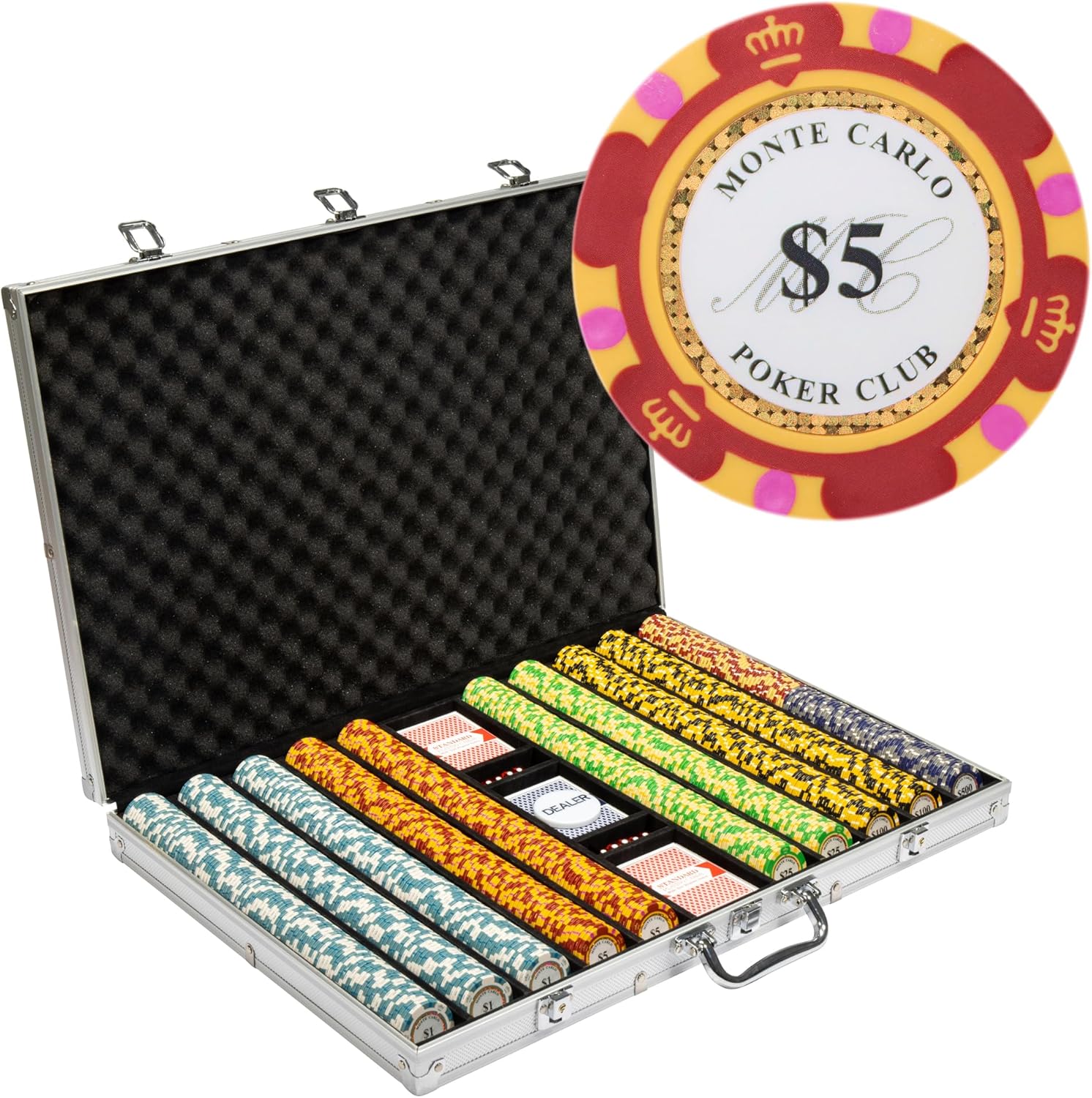 1000-piece Aluminum Monte Carlo Poker Chip Case - 13.5-gram Heavy Clay Composite Set - Casino Chips for Texas Holdem, Blackjack - Betting Game Accessories