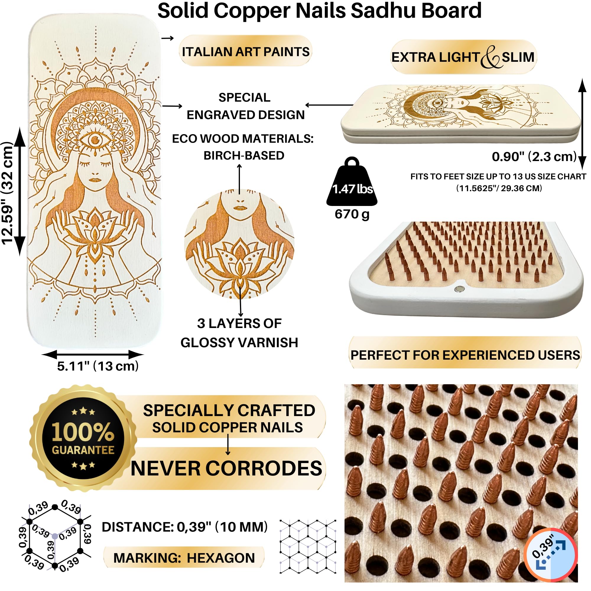 Tabla de madera para pies de Sadhu de 10 mm, para masaje de acupuntura, esterilla de acupresión, tabla de uñas, tabla de yoga, color blanco