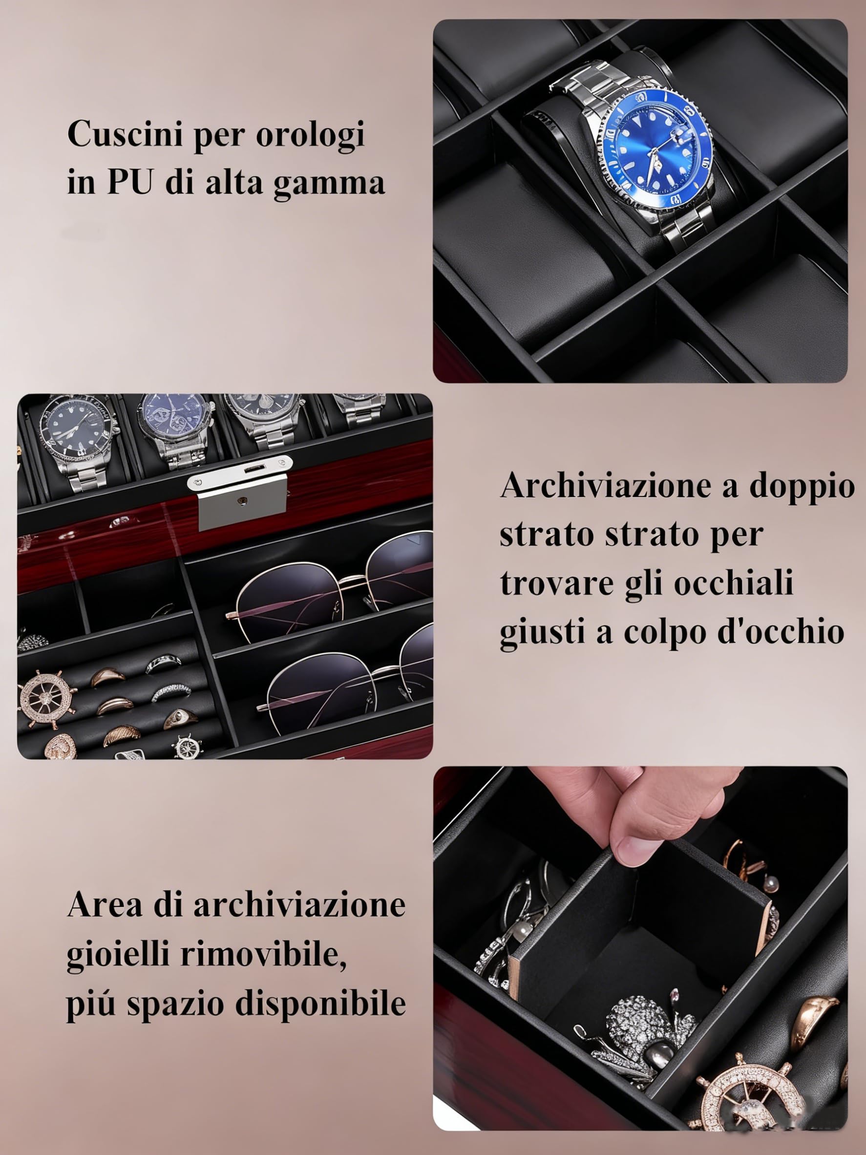 ANWBROAD Custodia per orologi da uomo con coperchio in vetro grande, a 2 livelli, con serratura, organizer per orologi, regalo di lusso JWB003Y