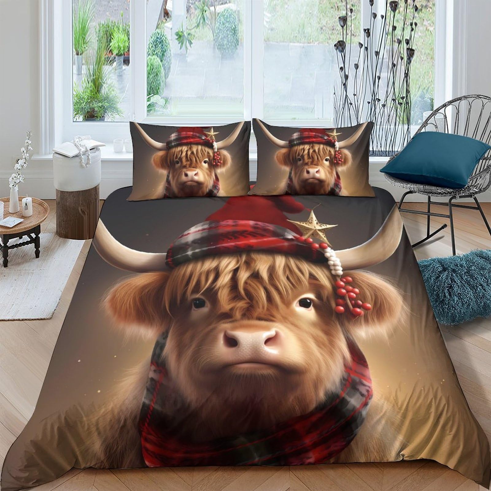 Ctjqhvkz Style-1 3D Printed Highland Cow Fitted Sheet Microfiber Soft Animal Plaid Hat Mattress Cover Bedroom Dorm Decorative Anti Slip Single（135X200cm）