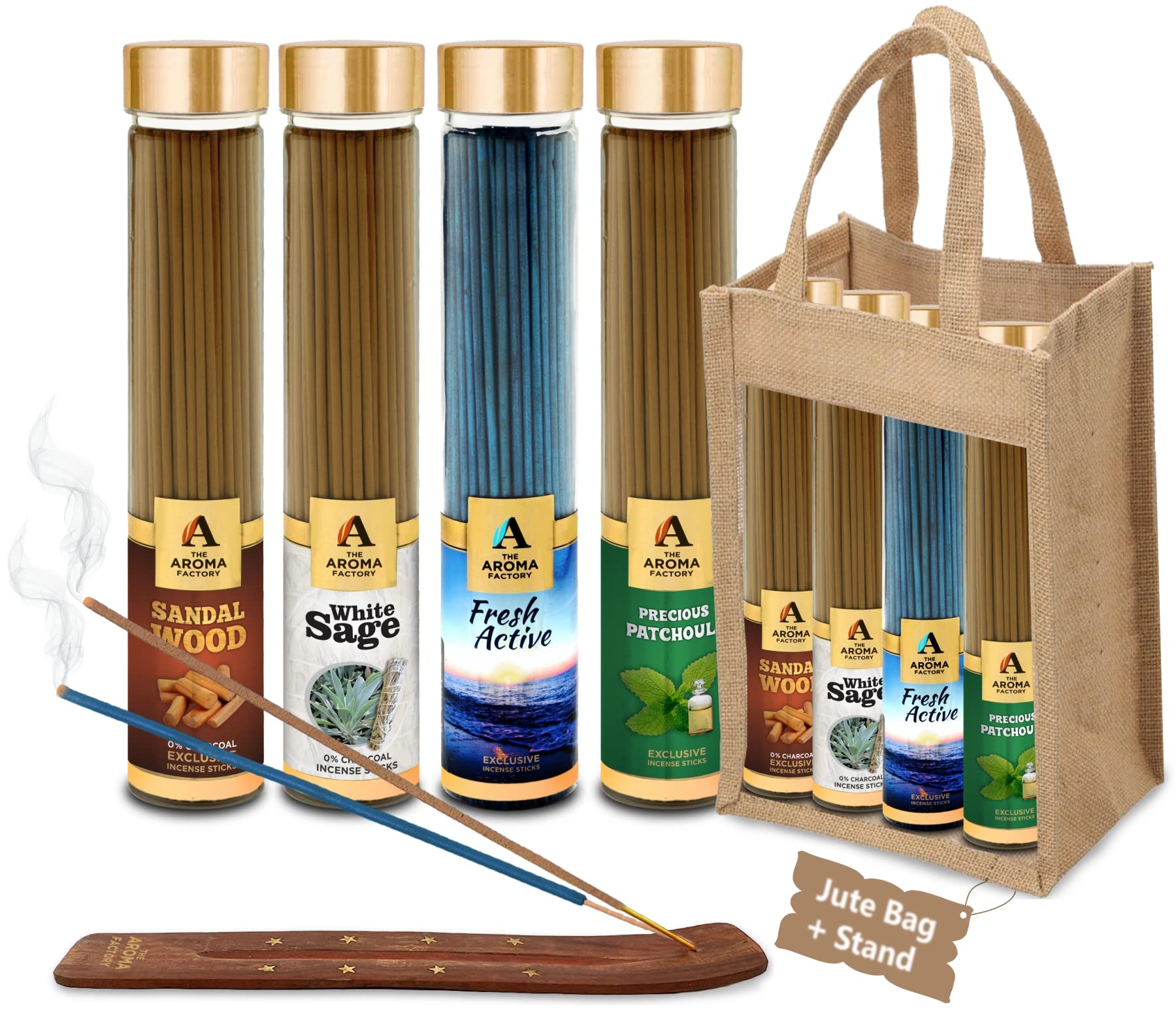 The Aroma Factory Organic Incense Sticks Aromatic Fragrances | Sandalwood, White Sage, Fresh Active & Patchouli | No Charcoal, Scented Incense | Herbal Pooja Agarbatti | 4x100g Jute Bag Giftset