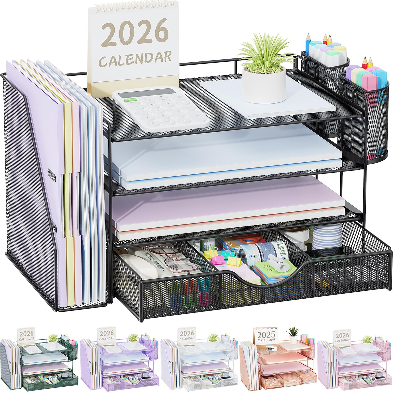 gianotter 4-Tier Desk Organizer with Drawers, File Holders, Letter Trays, and Pen Holders - Workspace Accessories for Office Supplies (Black)
