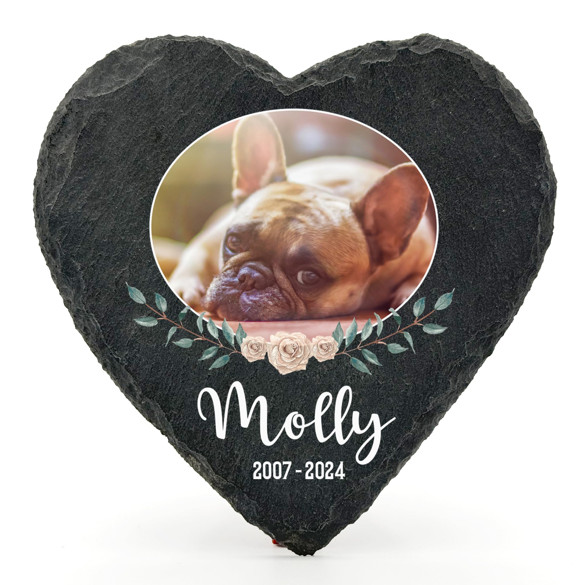 TULLUN Personalised Memorial Heart Shape Plaque For Pet Cat Dog Slate Natural Stone Frame Paw Grave Marker - Floral Frame Photo - Size | 4" x 4" or 10 x 10 cm | — image 1