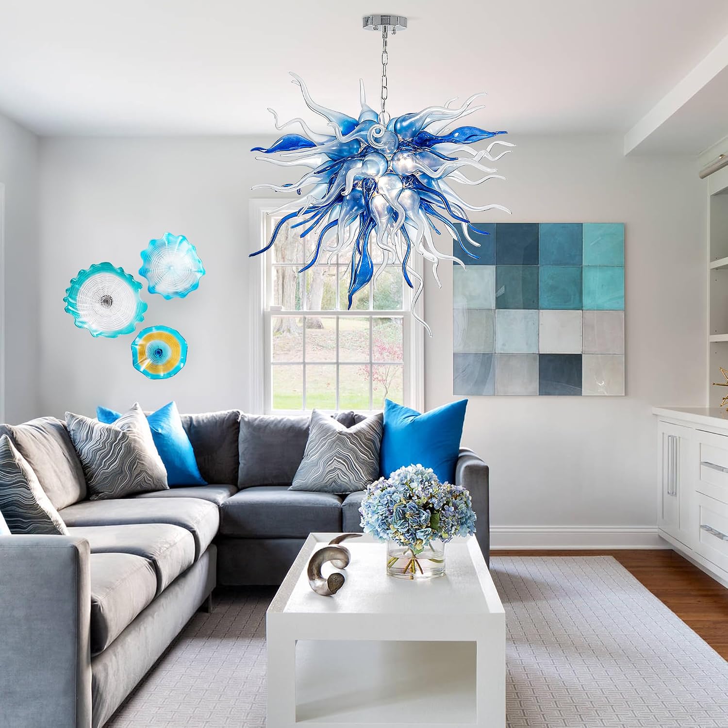 Hand Blown Glass Chandelier,Novel Blue White Glass Art Chandelier with Chili Shaped lampshade,Clearing Elegant Light Fixture for Bedroom,Living Room Height Adjustable (24" L x 28" W)