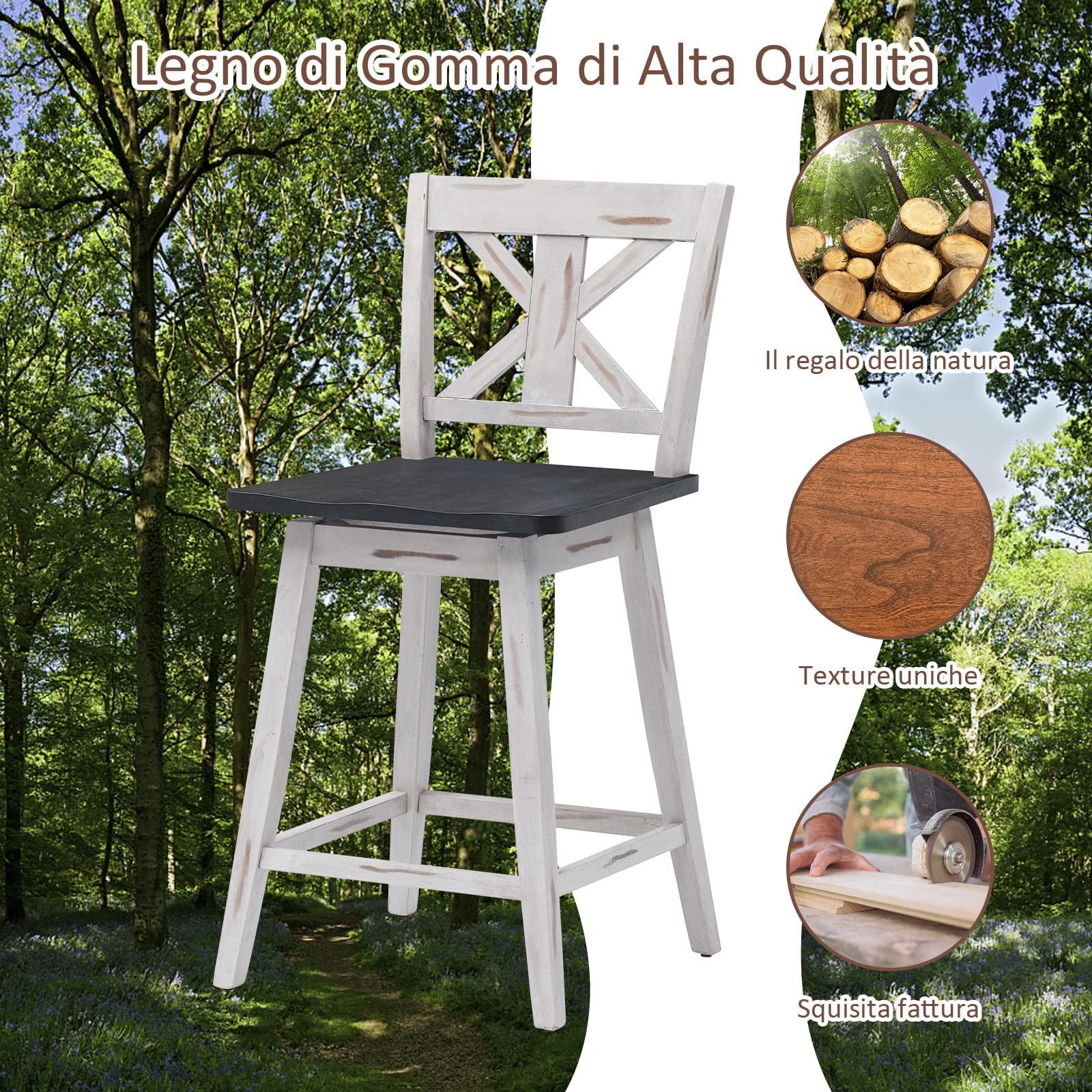 Set Di 2 Sedie Da Bar Girevoli In Legno: Schienale Alto, Stile Retrò, Portata 97 Kg (Bianco)