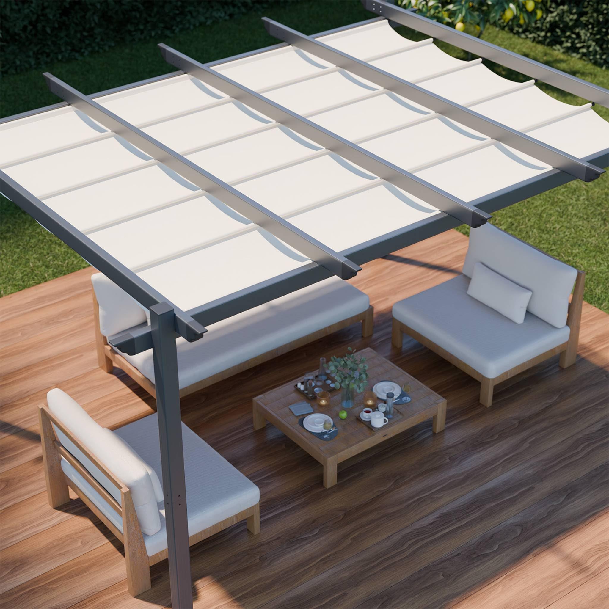 Pergola Murale Alice's Garden Brestum 3x2.5m - Toile Beige - Structure Acier - Pour Terrasse Ou Jardin