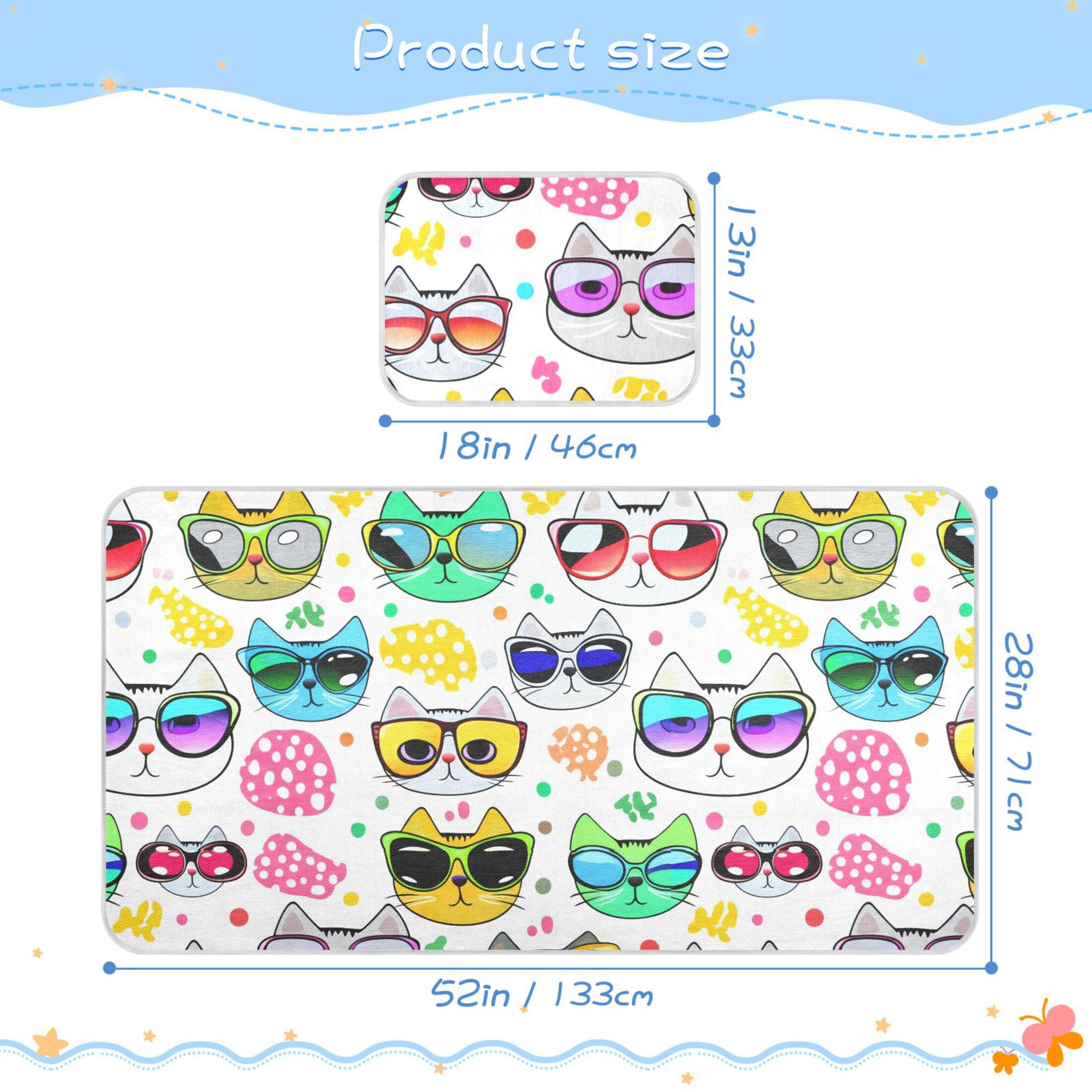 Burbuja Baby Cooling Mat Cartoon Cat Faces Wearing Sunglasses Bed Pad Ice Silk Cool Mat for Crib Mattress, Sleeping Pad with Pillowcase for Girl Boy, 28x52 in