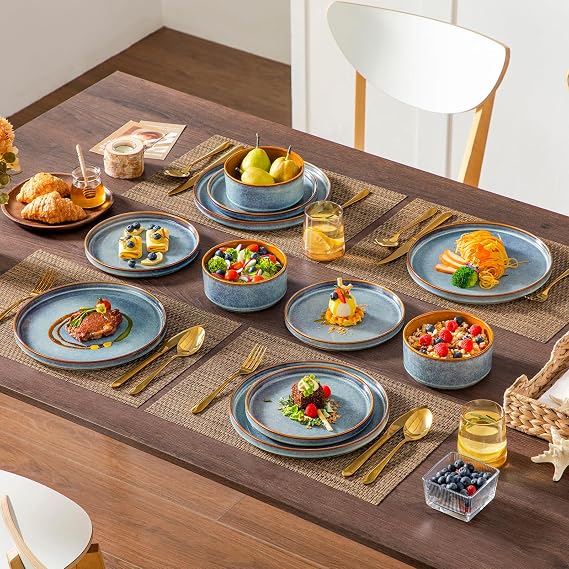 vancasso Onion Stoneware Dinnerware Set for 8, 24 Piece Blue Caramel