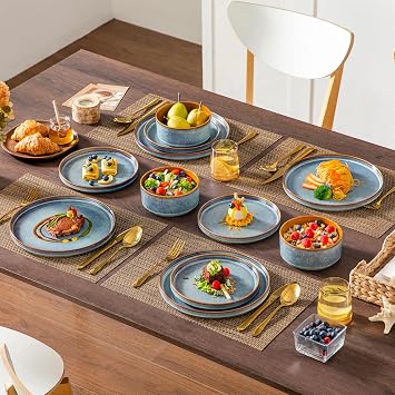 vancasso Onion Stoneware Dinnerware Set for 8, 24 Piece Blue Caramel