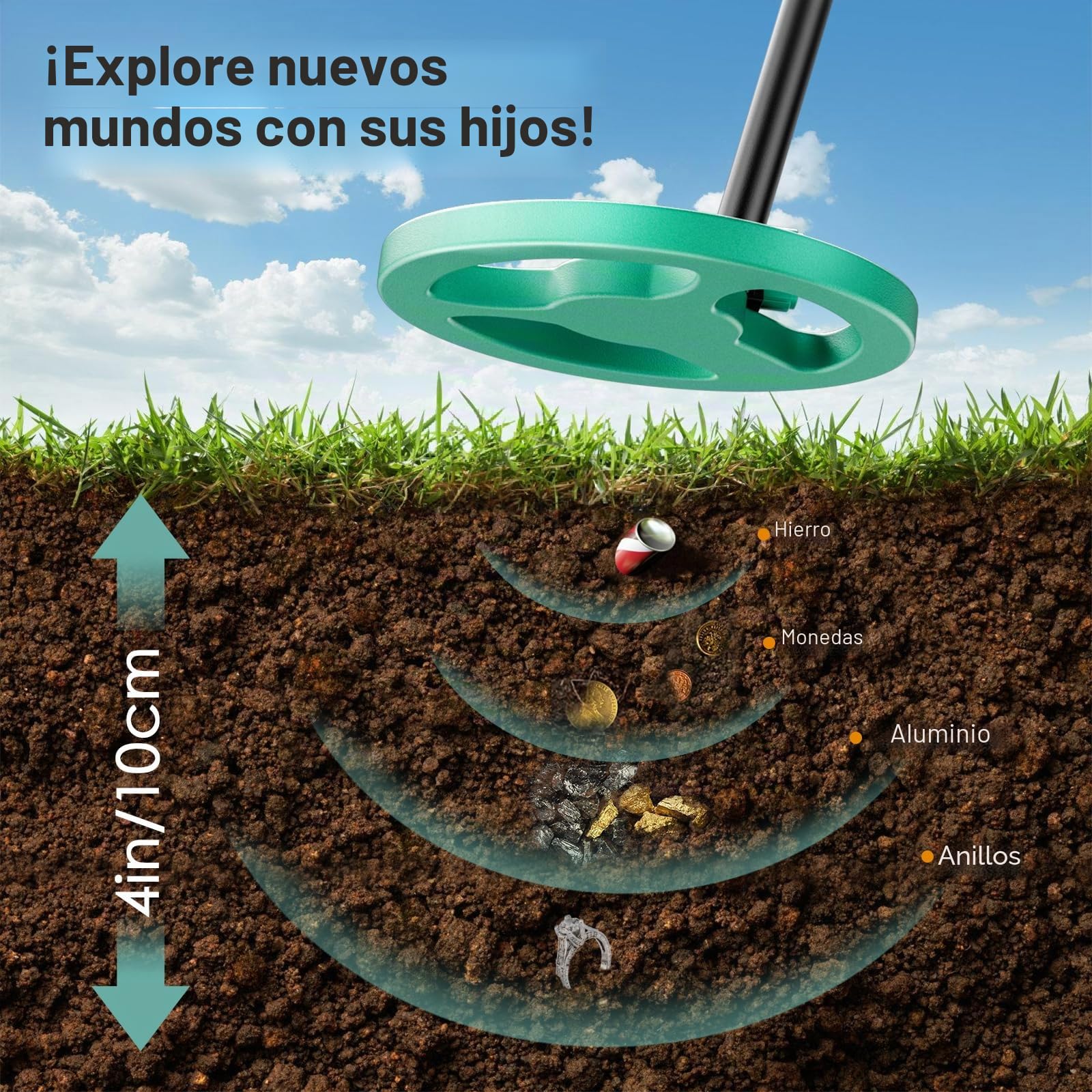 Detector de Metales para Niños, Longitud Ajustable (66-83cm), Detector de Metales para Niños con Pantalla LCD, Pala, Rastrillo, Mochila, Adecuado para Detectar Monedas