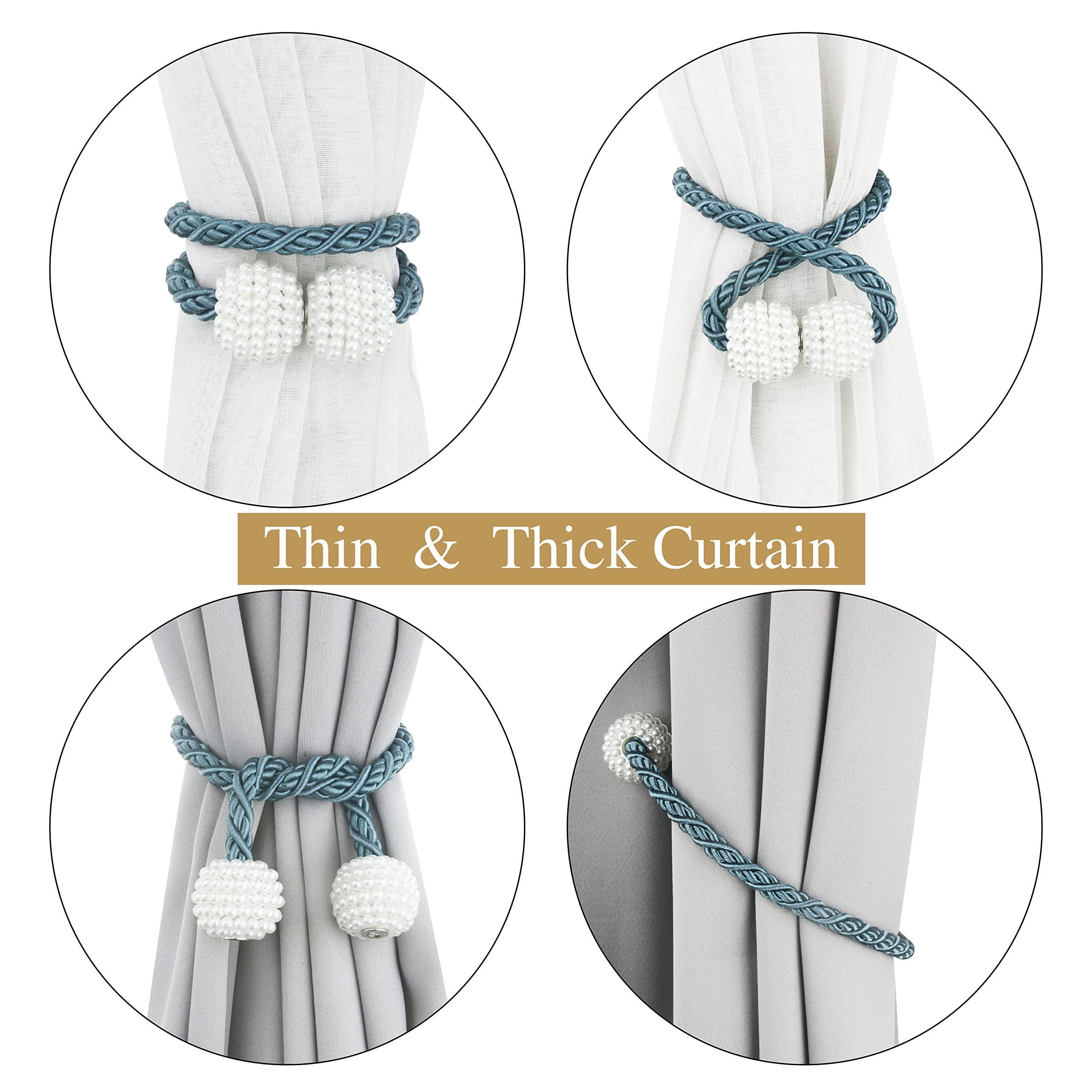 Embrasses de rideaux magnétiques en corde de perles pour bureau, maison, 45,7 cm, bleu