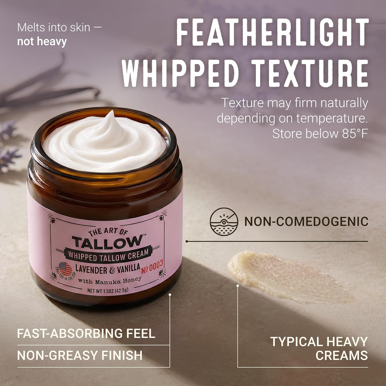 Tallow Face Moisturizer – Lavender Vanilla Beef Tallow for Skin, Whipped Tallow Cream with Manuka Honey & Organic Jojoba Oil, Face Cream, Grass Fed & Finished, Made in USA, 1.5 oz