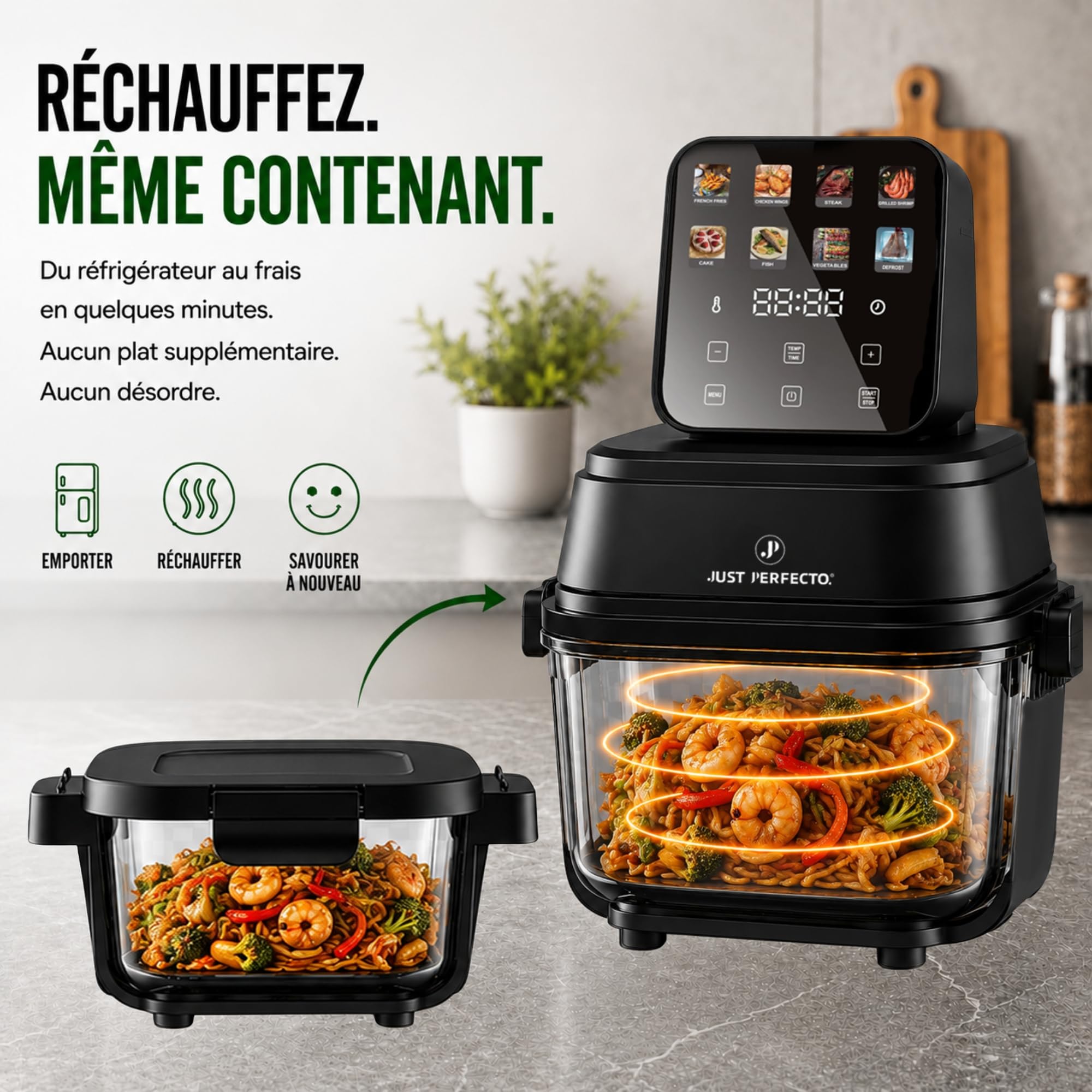 Just Perfecto Friteuse sans Huile Verre 1,5L + 4L Cuve Transparente Noir