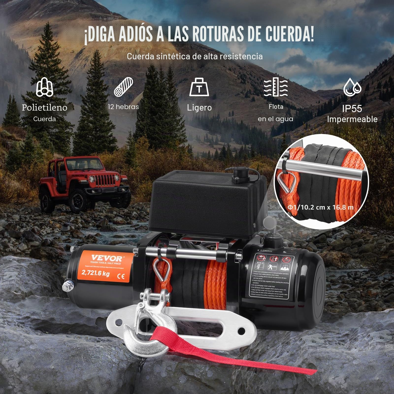 VEVOR Cabrestante Eléctrico 2722 kg Cabrestante para Camión con Cable Sintético de Φ 0,6 x 1676,4 cm Guía de Aluminio Control Remoto Inalámbrico y con Cable para Remolcar Vehículo Todoterreno, Barco