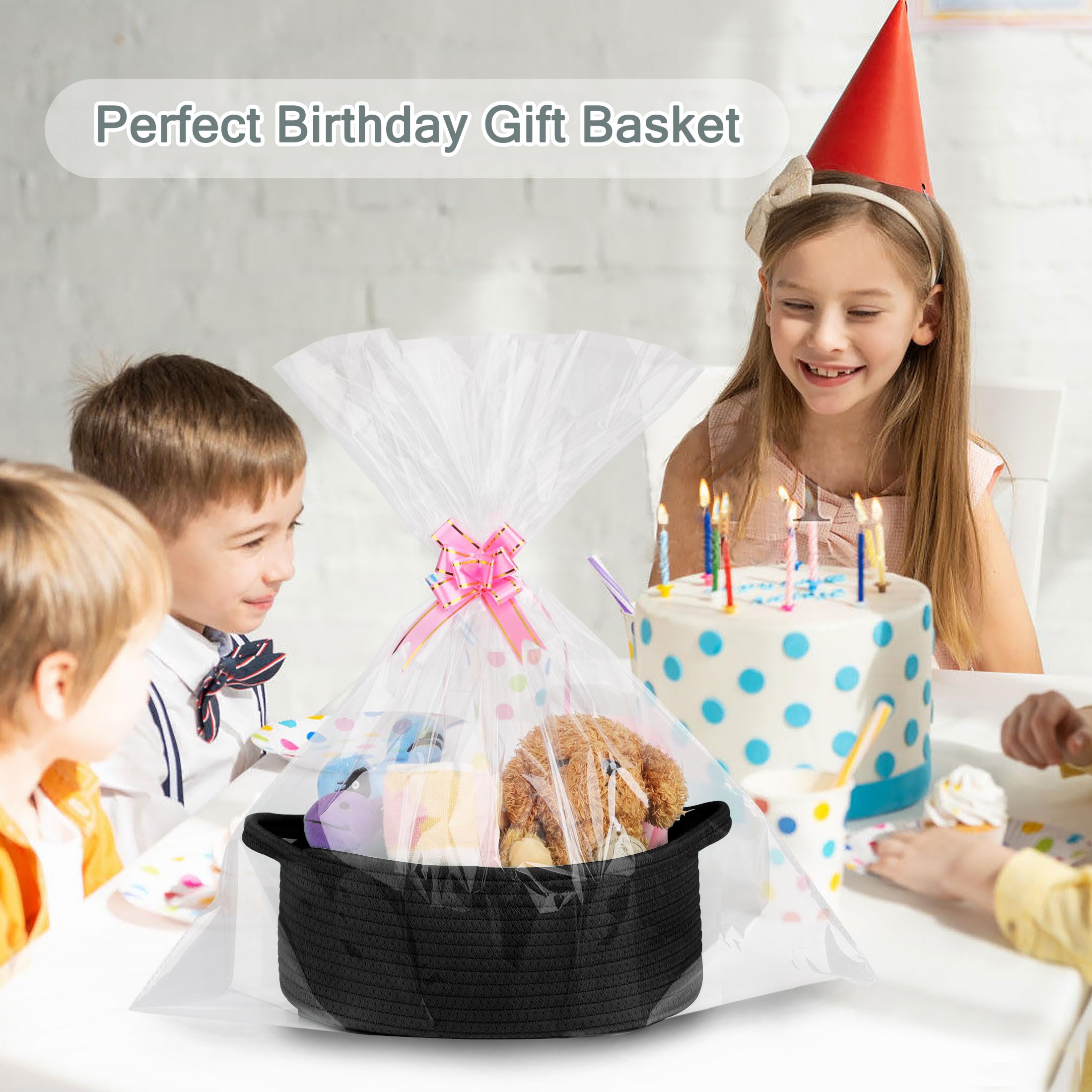 COMSE Small Woven Basket with Gift Bags and Ribbons, Gift Basket Empty, Cotton Rope Storage Organizer, Baby Toy Box with Handles, 12" x 8" x 5", Black