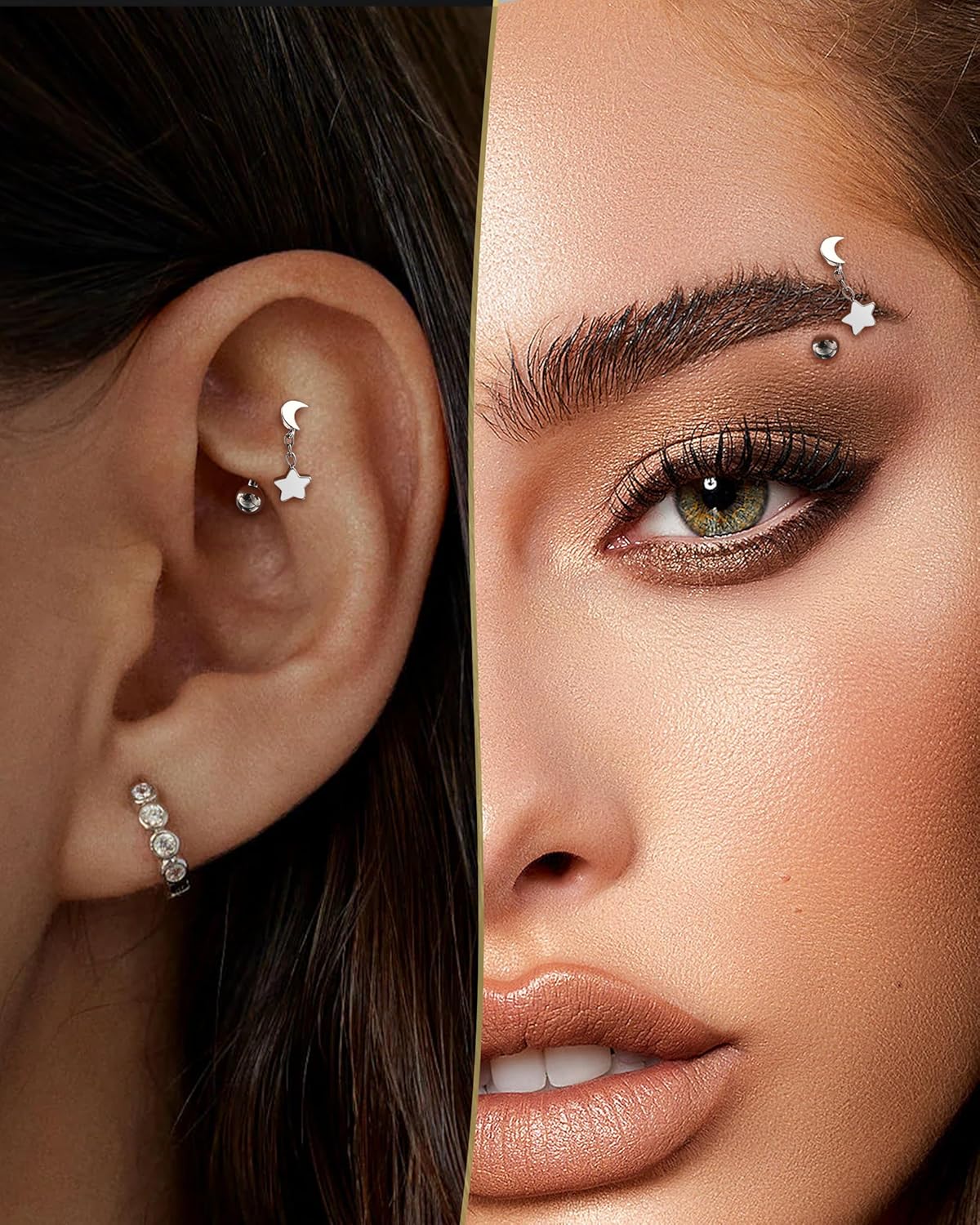 Moon and Star G23 Solid Titanium Rook Earrings 16G Dangle Eyebrow Rings for Women Eyebrow Rook Piercing Jewelry Surgical Steel Curved Barbell - Image 2