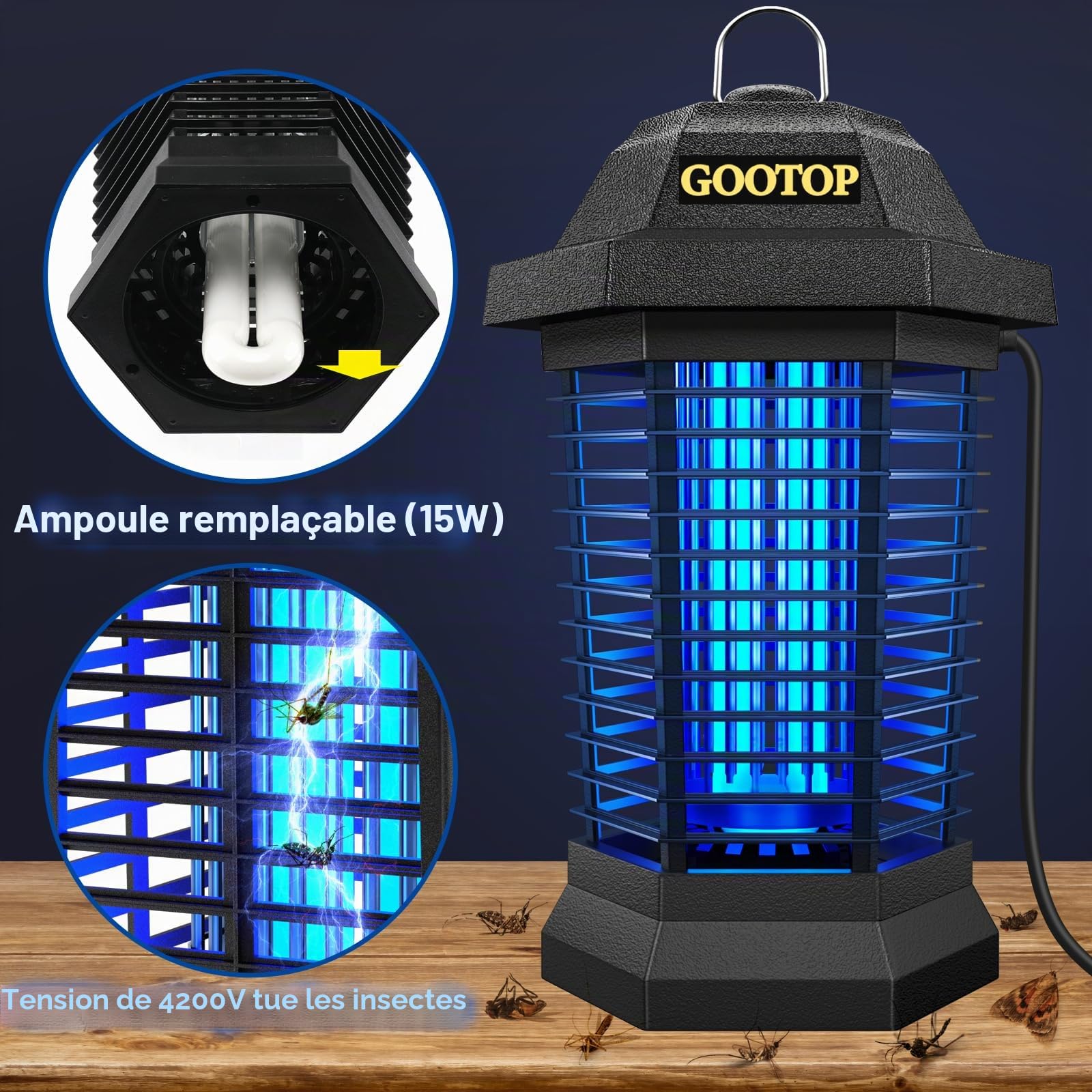 GOOTOP Zapper anti-insectes pour extérieur, 4200 V, 3 broches, piège à mouches électrique, piège à mouches, piège à insectes volants, intérieur et extérieur, extérieur en plastique ABS (noir)
