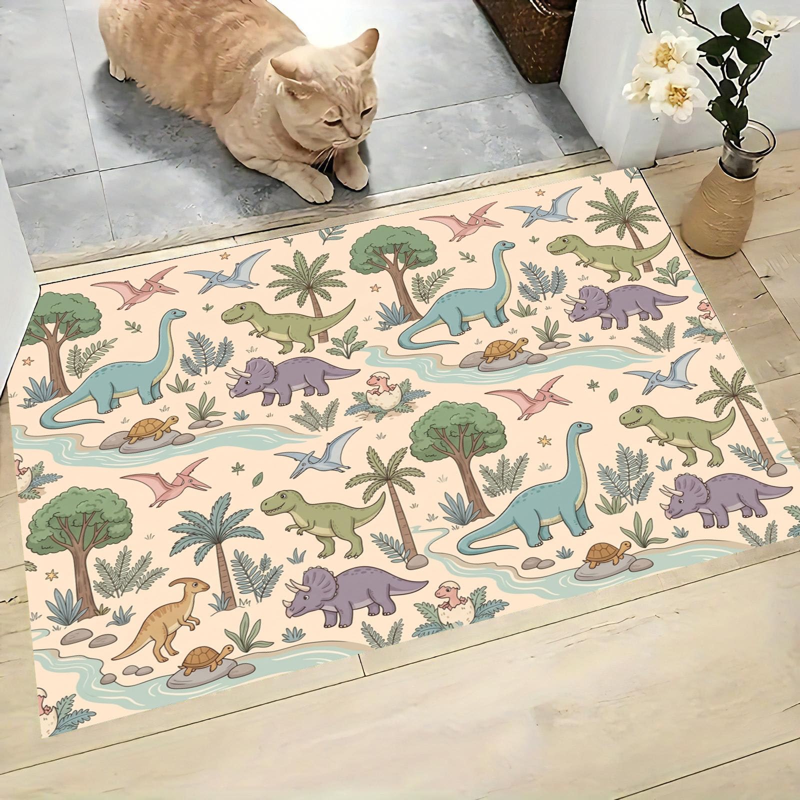 Felpudo Entrada Casa 80x120cm Alfombra Atrapapolvo Dinosaurios Del Bosque, Alfombrilla Pasillo Antideslizante Dibujos Animados Estilo Retro Tapete Absorbentes Lavable para una Entrada Limpia, Rosa