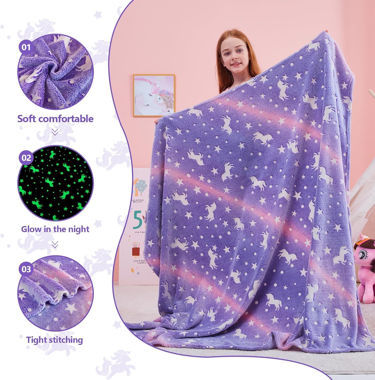 EXILOM Glow in The Dark Blanket for Kids, 200x152 Cm, Unicorns Gifts for Girls, Soft Kids Blankets for Christmas Birthday, Cozy & Warm All-Season Glow Blanket Ideal Gift for Boys & Girls (Purple) - Image 2 thumbnail