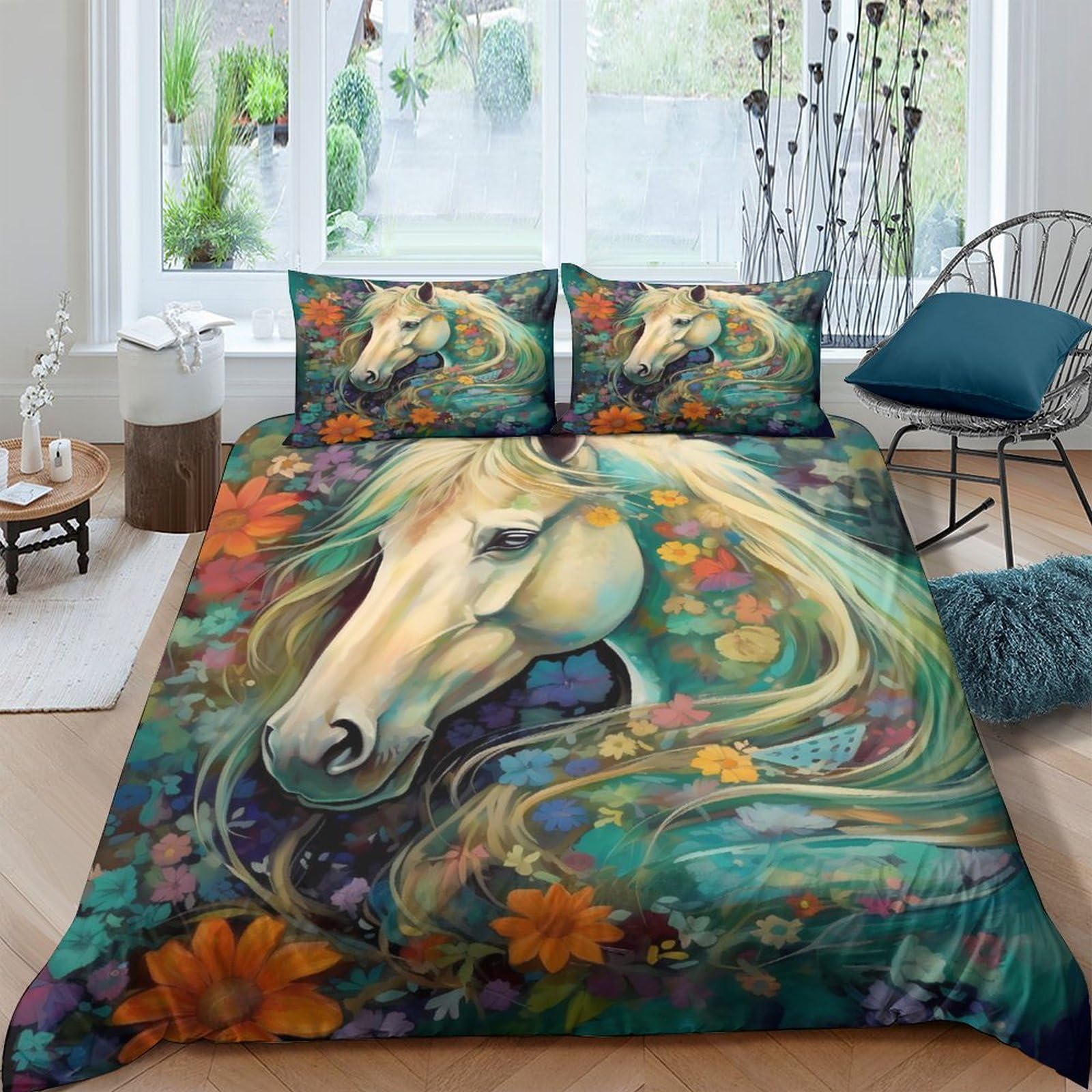 Housse de couette fleurs et chevaux 3 pièces King 220x240 cm