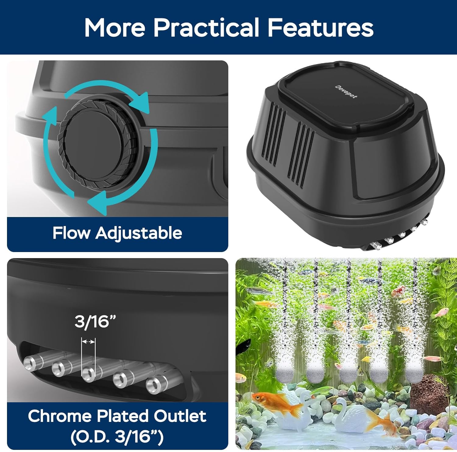 Pond Aerators for Outdoor Koi Ponds, Air Pump for Pond up to 3500 Gallons, All-in-One Flow Adjustable Pond Aeration Kit Pond Deicer with Double Outlet Airline Tubing Air Stones Check Valves