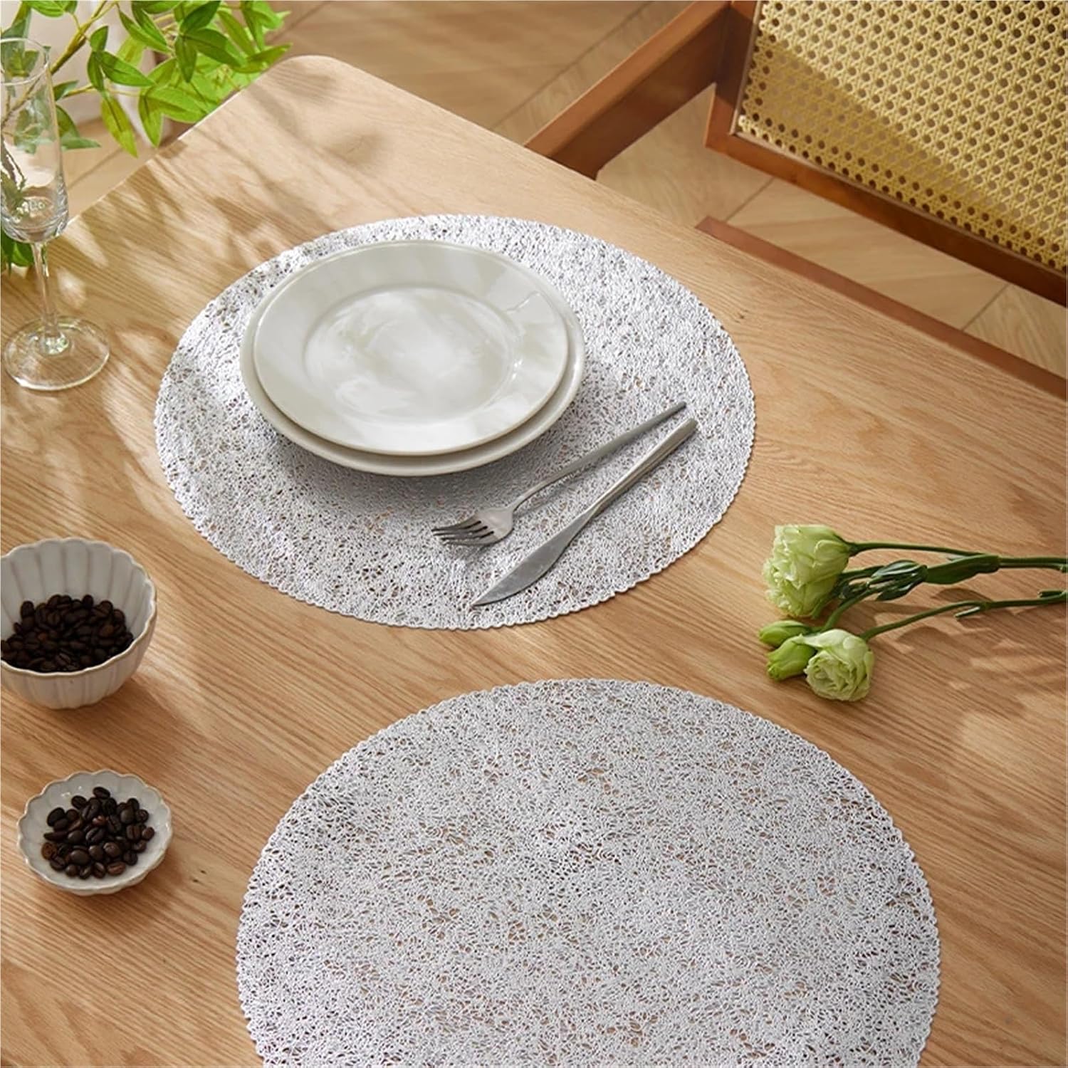 Set of 6 Metallic Placemats PVC Wedding Table Place Mats Round Cutwork Decorative Dinning Table Mats