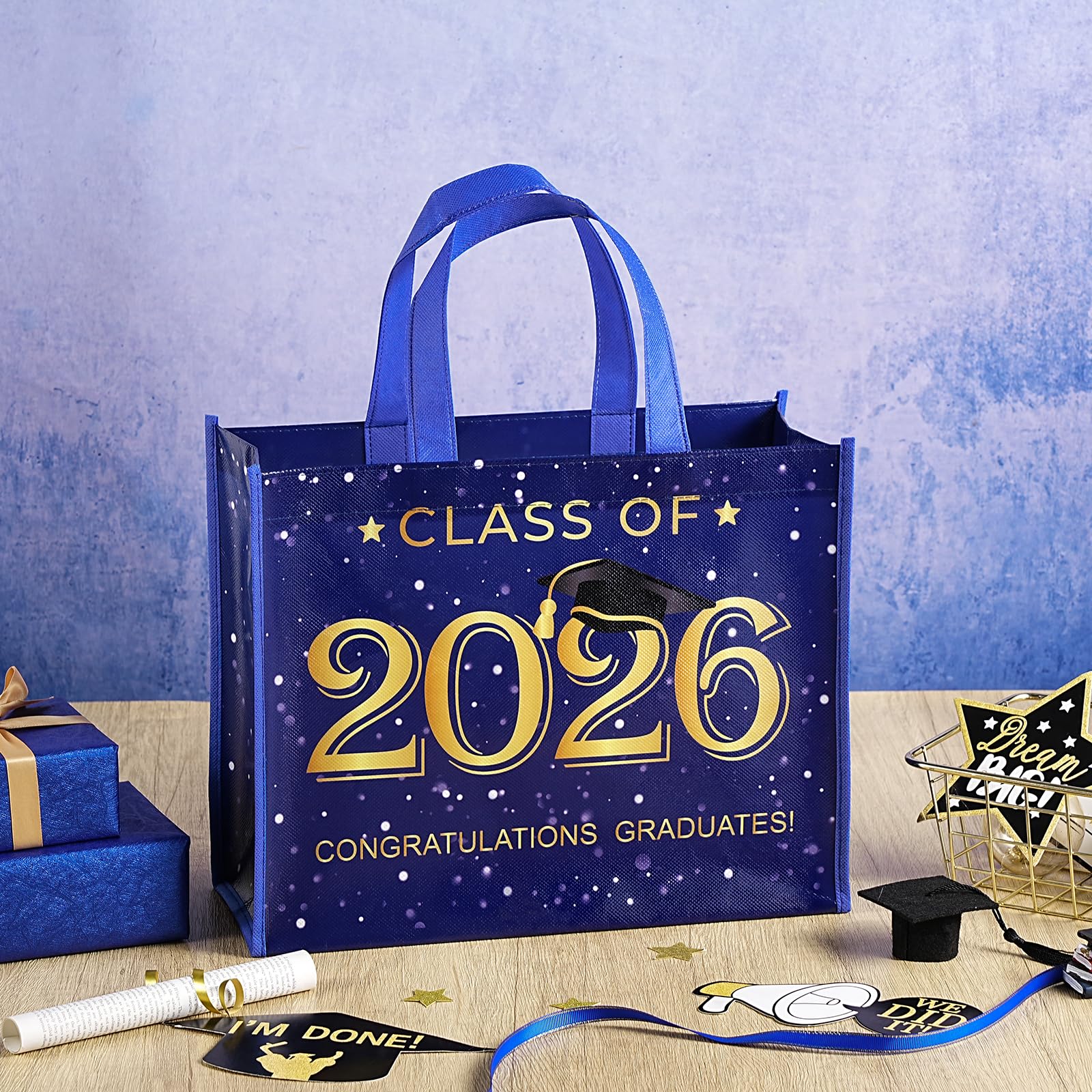 WRAPAHOLIC Large Reusable Graduation Gift Bag with Handles - 10 x 5 x 13 inch - Gold Foil 2026 Graduate Gift Bag