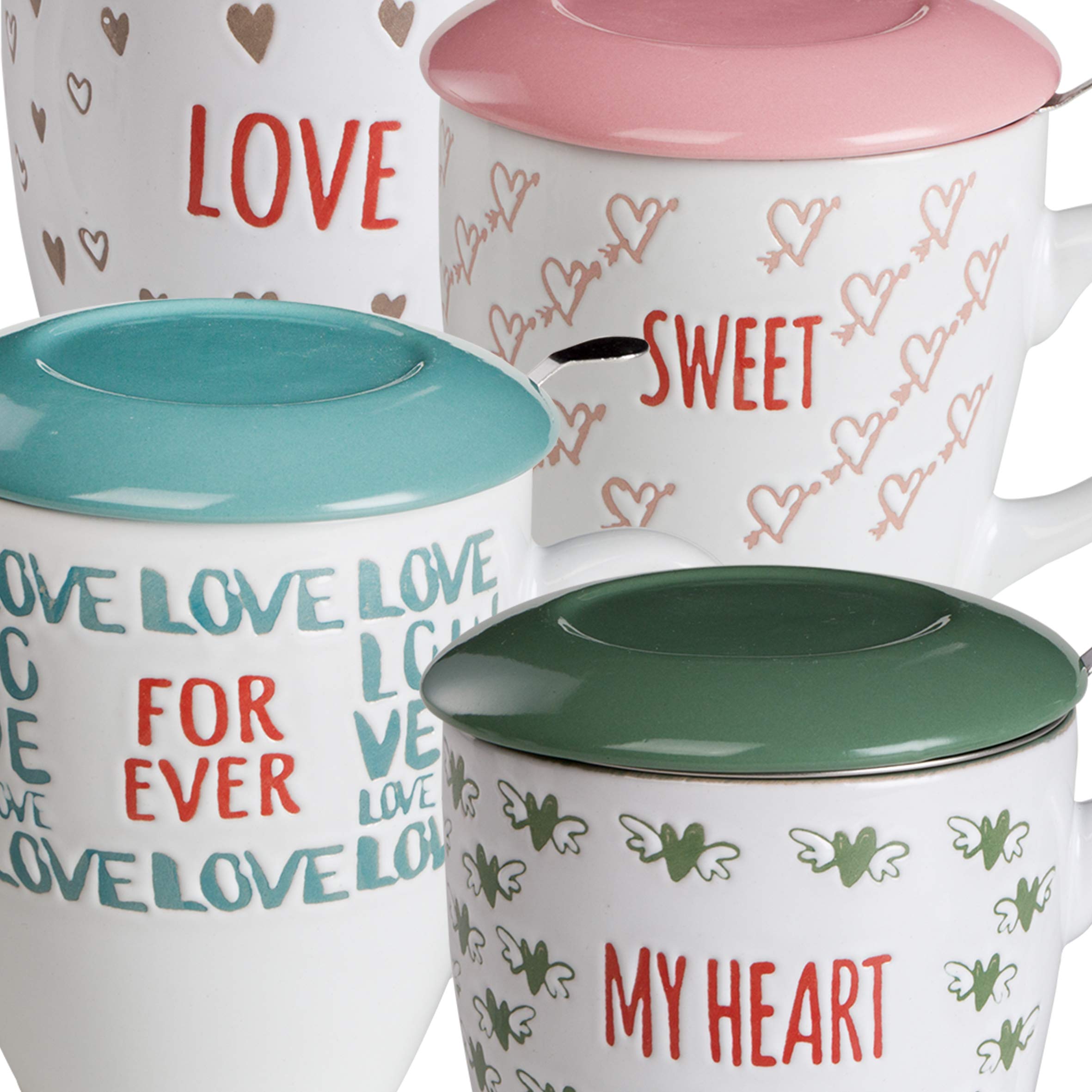 Baroni Home Tazza da tè in Ceramica con Filtro in Acciaio Inox. Tisaniera con Tappo/piattino Colorata Verde My Heart 13x10x11 cm