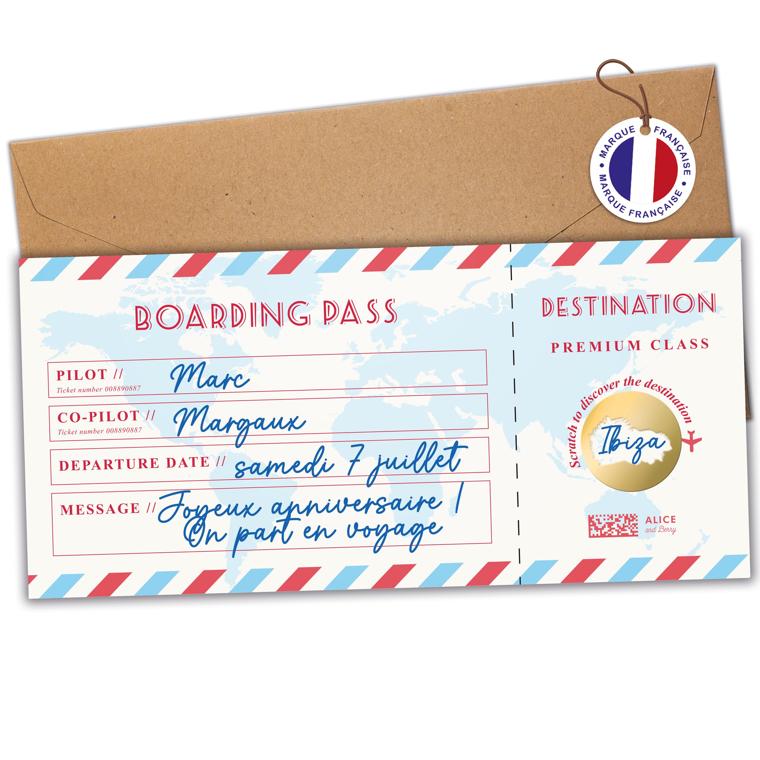 Aliceandberry Personalised Scratch Off Boarding Pass - Riviera Model - Surprise Scratch Flight Ticket - Original Gift