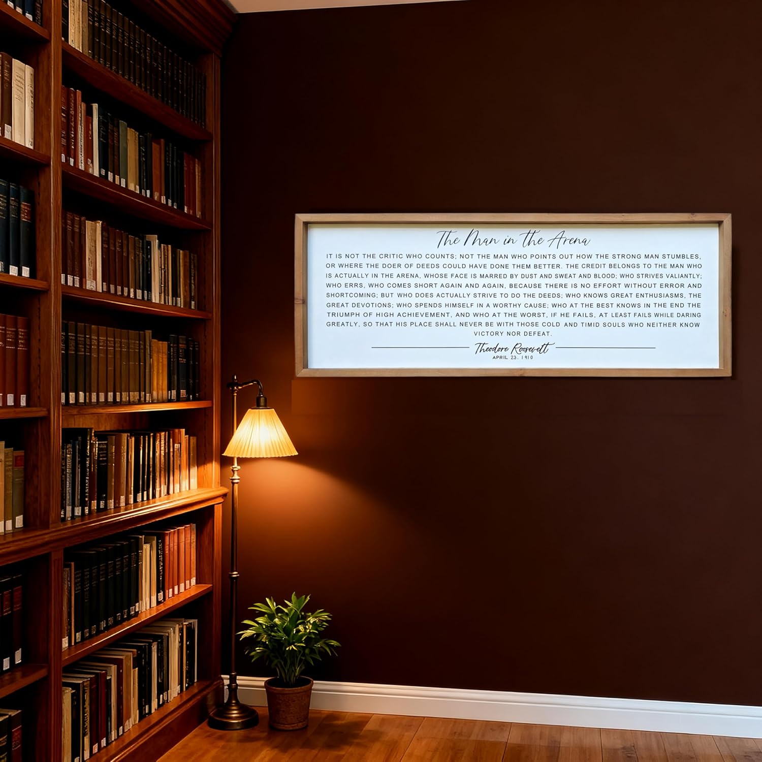 The Man in the Arena Framed Wall Art for Men, Motivational Inspirational Office Decor, Wood Frame, Theodore Roosevelt Quote, 32x12 Inch