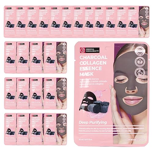 Original Derma Beauty - Mascarillas faciales de colágeno, paquete de 24 unidades, máscara facial de carbón purificador profundo, para el cuidado de