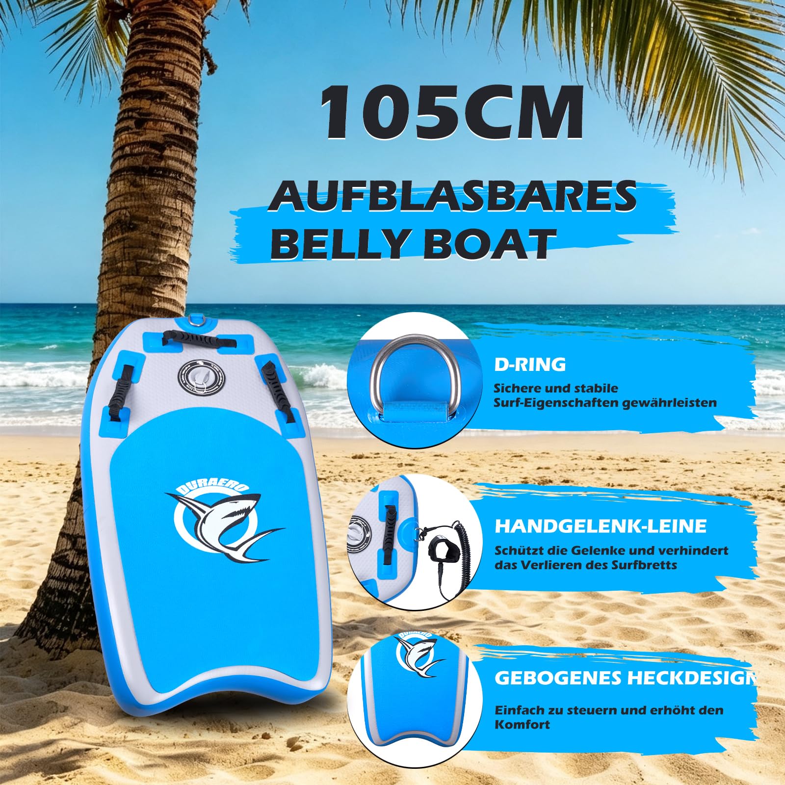 DURAERO Aufblasbares Bodyboard 105 x 53 x 10 cm, Boogie Board für Kinder und Erwachsene, mit 3 sicheren Haltegriffen, Leash, Pumpe, Tragetasche und Reparaturset
