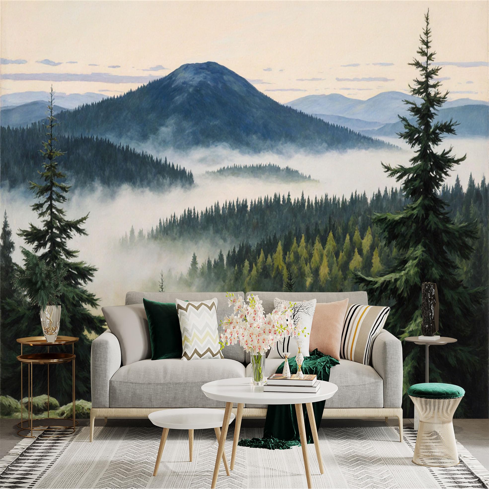 Lnzczhyre Xc260505239 Custom Size Wall Sticker Mural， Misty Mountain Landscape， Evergreen Pine Forest， Morning Fog Valley， Serene Nature Scenery， For Wall Decoration， Peelandstick Wall Decals.