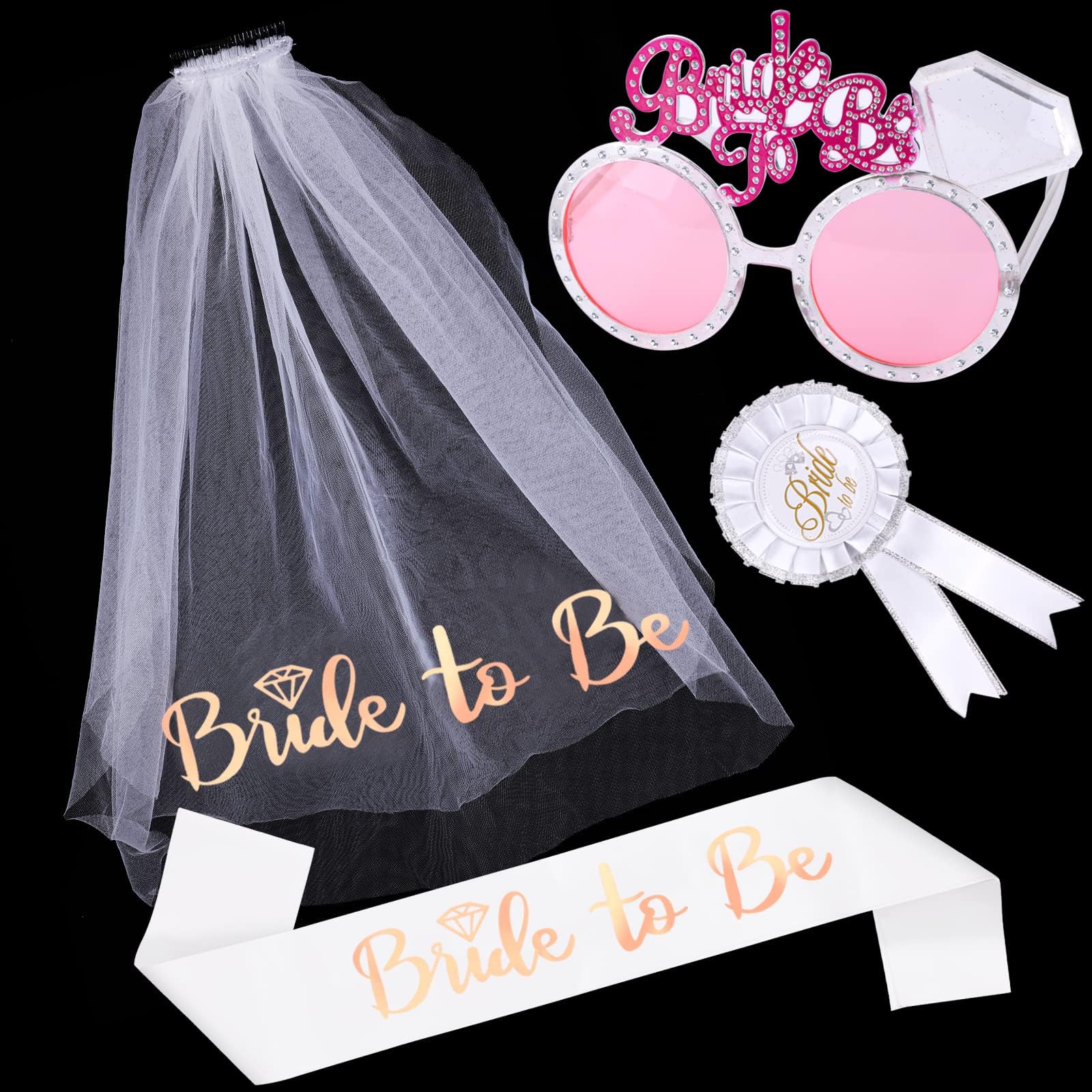 Bride to Be Sash, Hen Party Veil, Hen Do Accessories, Include Bride to Be Veil with Comb, Hen Party Sashes, Rosette Badge, Bride Sunglasses, Hen Night Accessories for Hen Party, Wedding, Bridal Shower