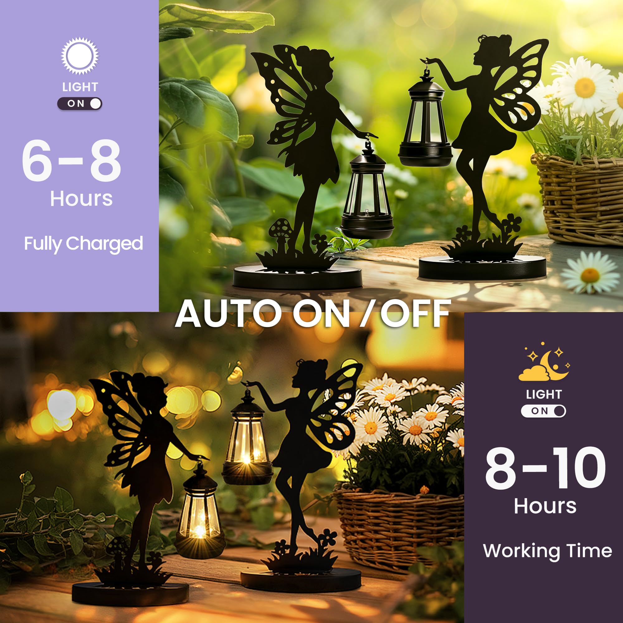 GIGALUMI Statua di Fata in Ferro, Ornamento da Giardino per Esterni, con Luci a Energia Solare, Impermeabile, Decorazione per Patio, Cortile, Regali Unici per la Mamma (Confezione da 2)