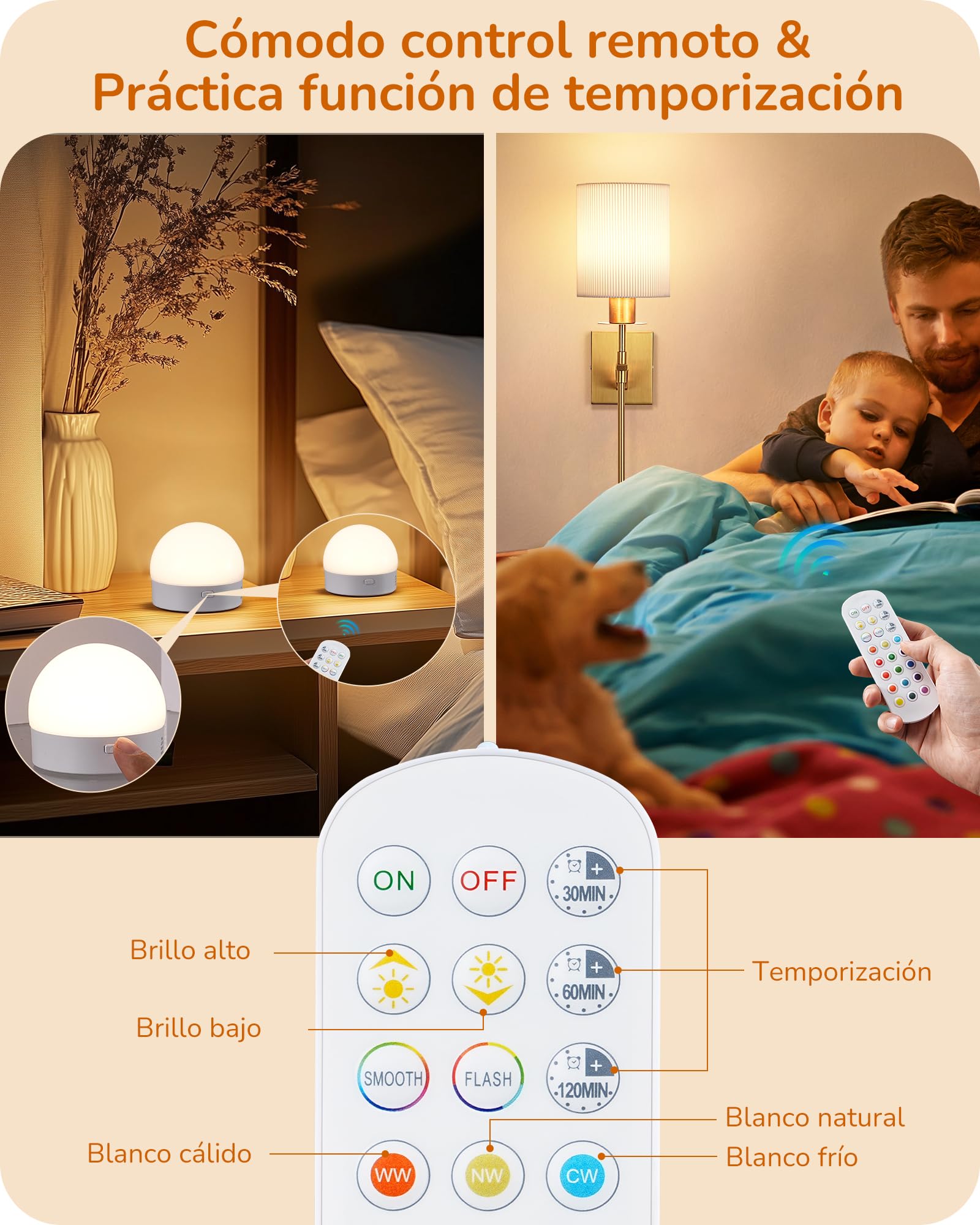 EDISHINE Aplique de pared interior inalámbrico, 2 unidades, mando a distancia y E27 RGBW, bombilla regulable y recargable, 3000K-4500K-6000K, color blanco, base dorada para sala de estar,dorado