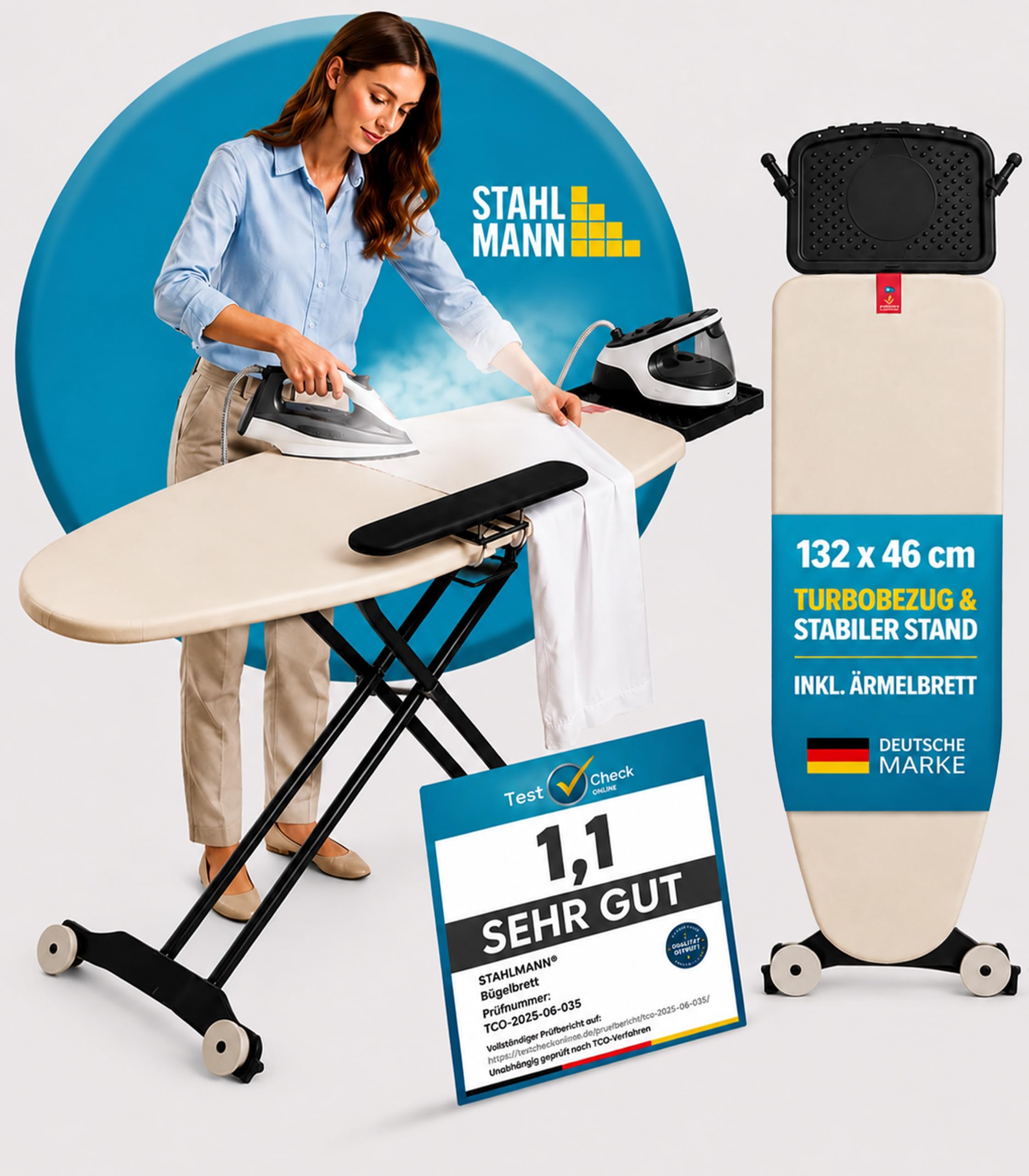 STAHLMANN® Premium Bügelbrett für Dampfbügelstation [132 × 46 cm] | Made in Europe | integriertes Ärmelbrett | 100 % Baumwolle Turbobezug | höhenverstellbar | mit Rollen