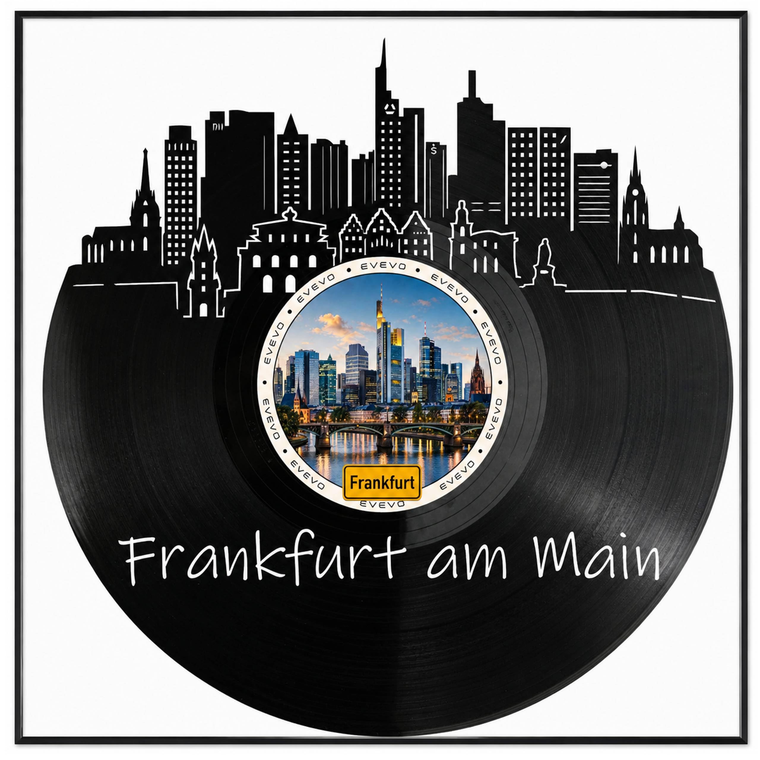 EVEVO Decorazione da parete in vinile, con cornice, 32 x 32 cm, Francoforte sul Meno, skyline di Mainhattan, regalo per gli appassionati di Francoforte
