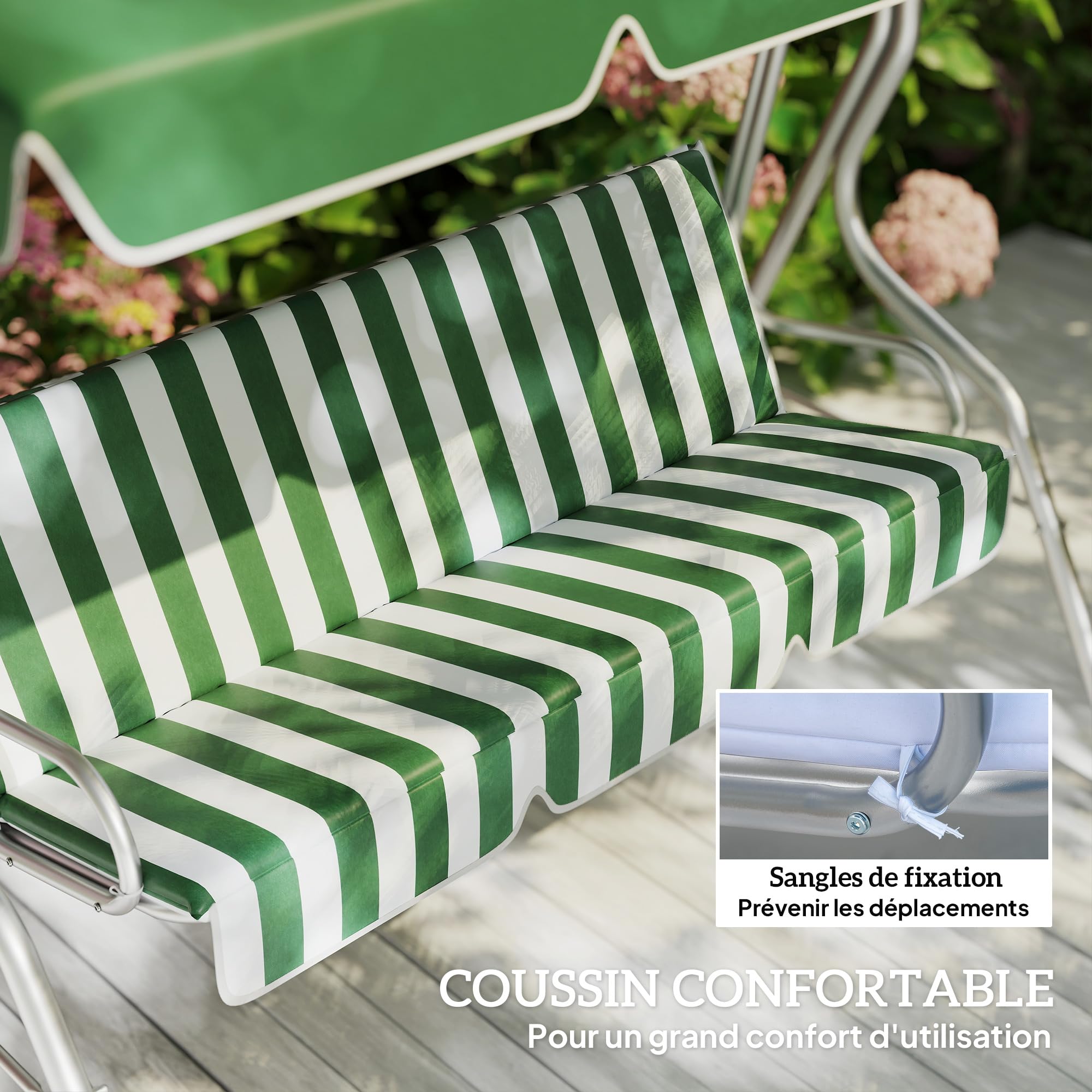 Outsunny Balancelle de Jardin 3 Places, balançoire extérieure Toit Inclinaison réglable, Motif à Rayures, avec Coussins Assise et Dossier, 1,7 x 1,1 x 1,53 m, métal Polyester, Vert