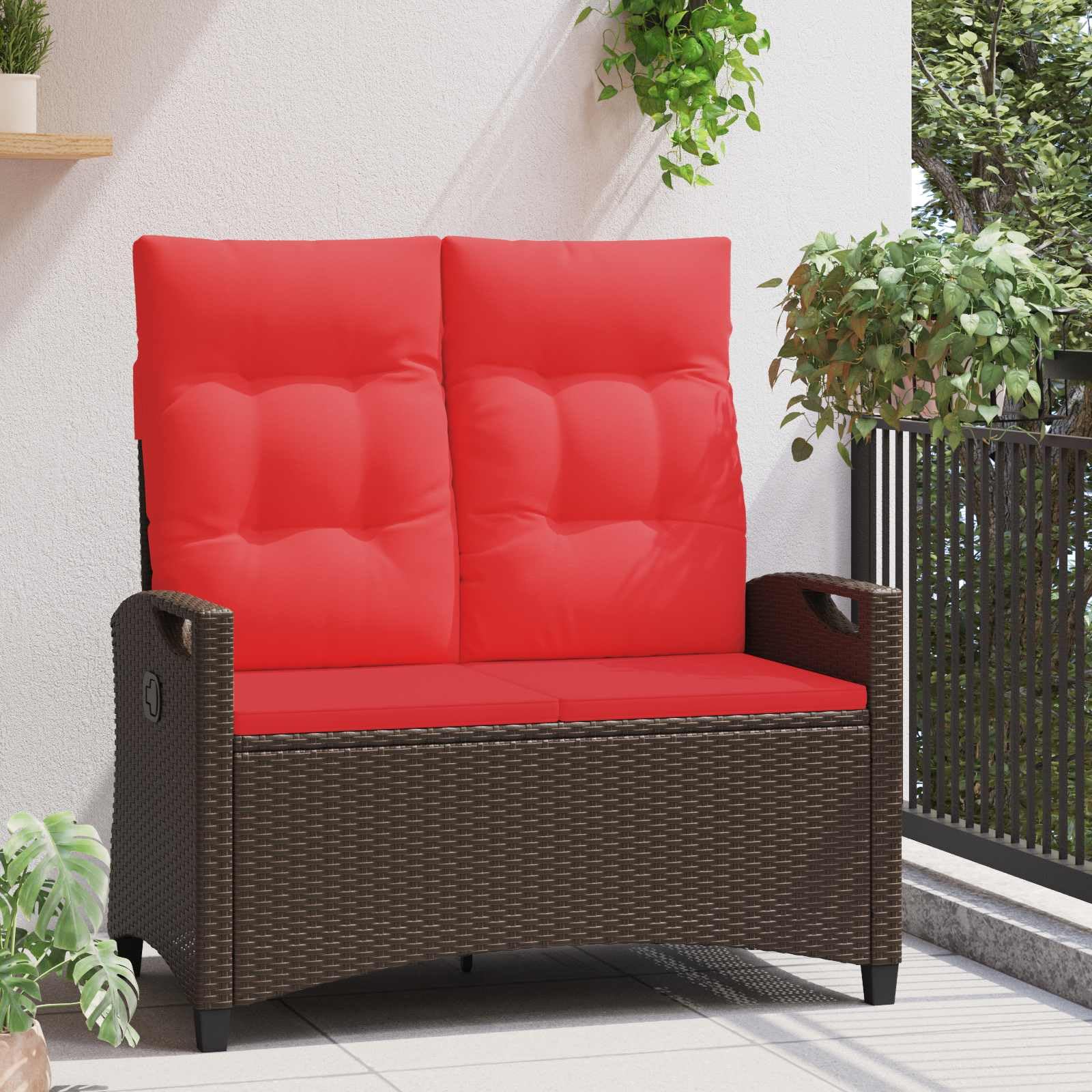 SYDE Banco de Jardín Reclinable Marrón y Rojo 105 x 60 x 112 cm | Acero y Poliéster, Respaldo Ajustable, Reposabrazos Acolchado, para Terraza y Piscina
