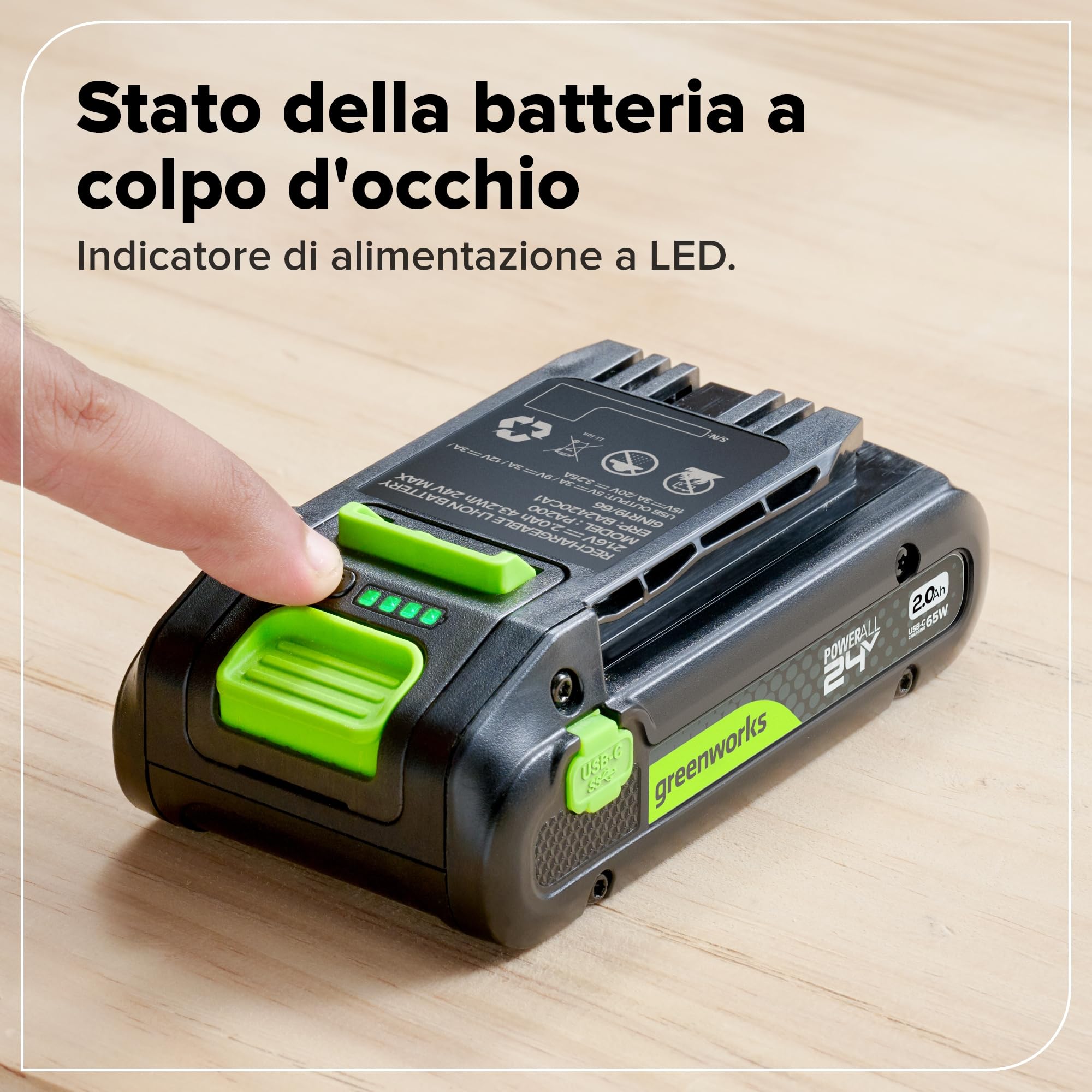Greenworks 24V 2,0 Ah Batteria con Porta USB-C Ricaricabile agli Ioni di Litio ad Alte Prestazioni Compatibile con Tutti gli Oltre 200 Utensili Greenworks da 24V,Garanzia di 2 Anni - PA200