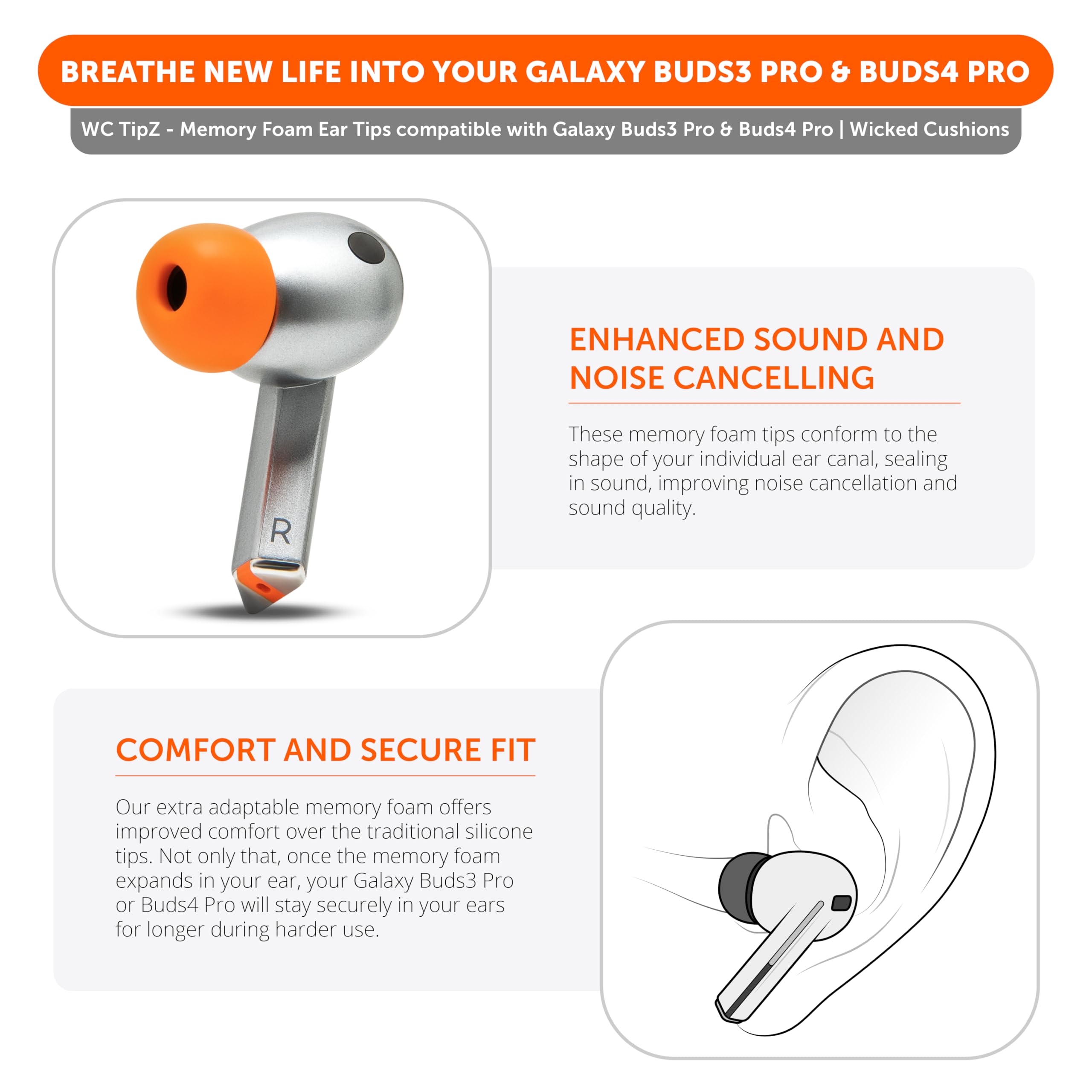 WC TipZ Galaxy – Wkładki z Pianki Memory Foam Kompatybilne z Samsung Galaxy Buds Pro 3 & Pro 4 od Wicked Cushions | Lepszy Komfort, Uszczelnienie i Sprężystość | Pomarańczowy