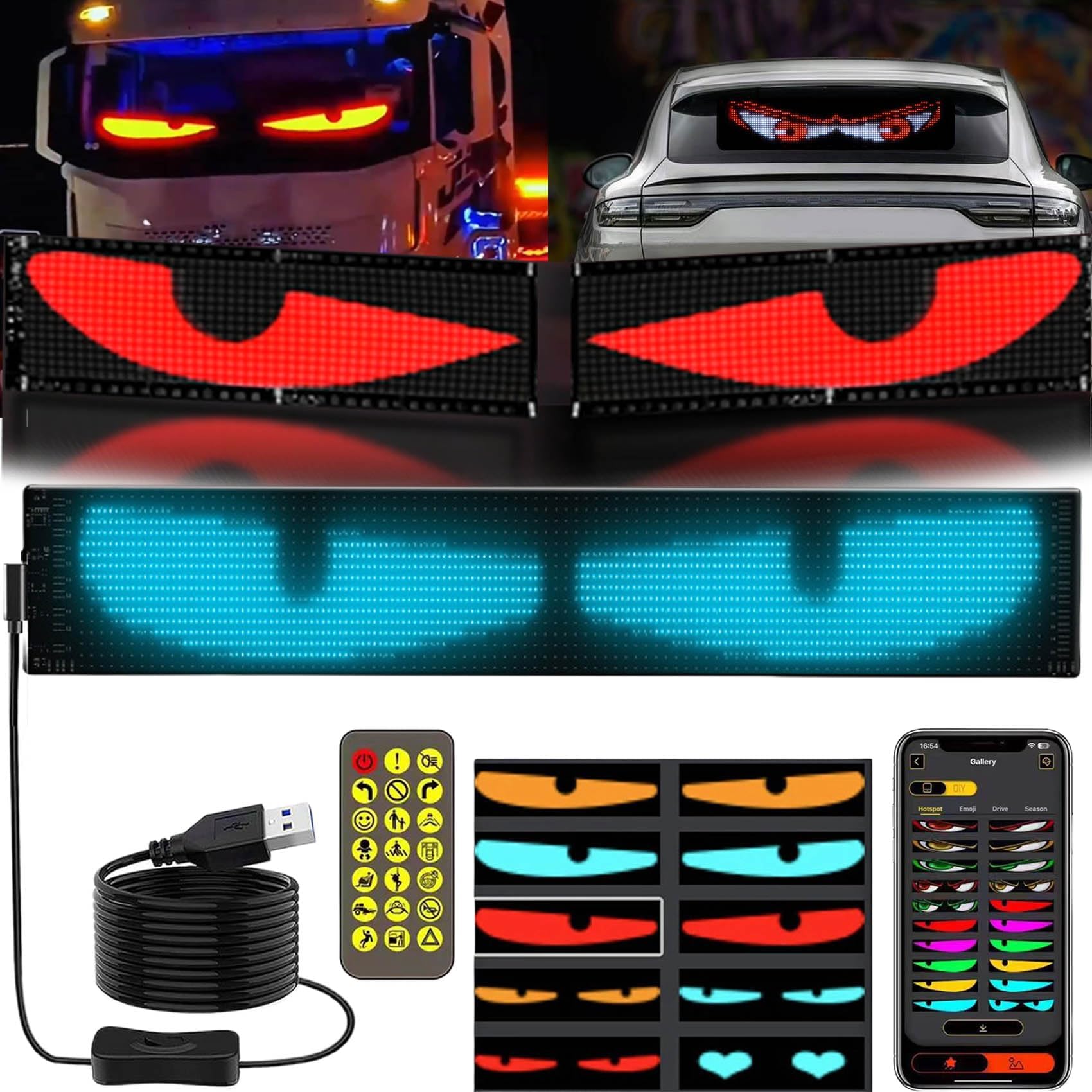 (4.72 * 23.4 in) Devil Eyes Light for Cars, Programmable Flex LED Display Eyes for Car, Car Dynamic Led Smart Colorful Eye Lamp Soft Screen for Windows of Cars and Trucks