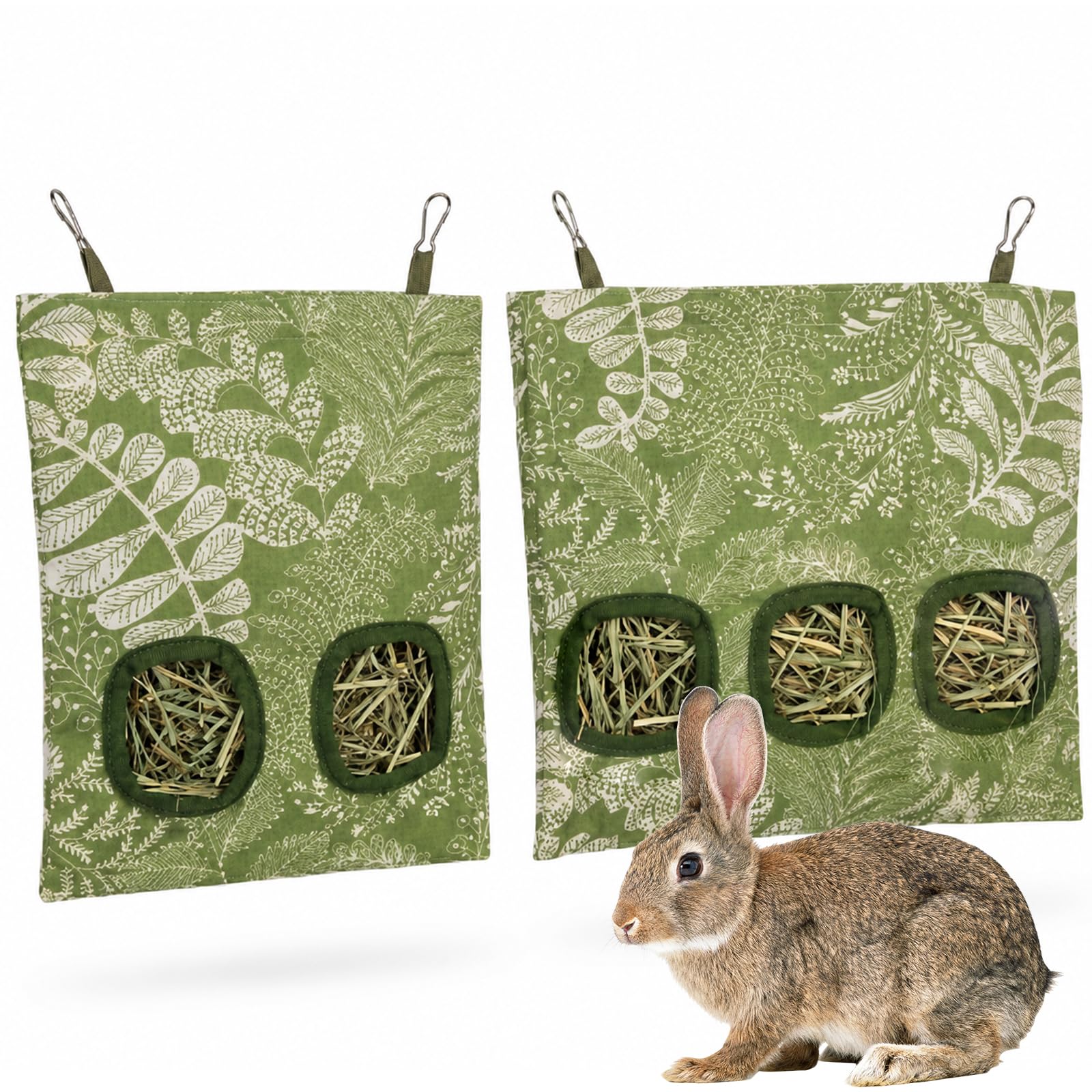 2-Piece Rabbit Hay Feeder Set, 3-Hole and 2-Hole Hanging Hay Bag Combo, Guinea Pig Hay Feeder for Small Animal Cages and Farm Enclosures