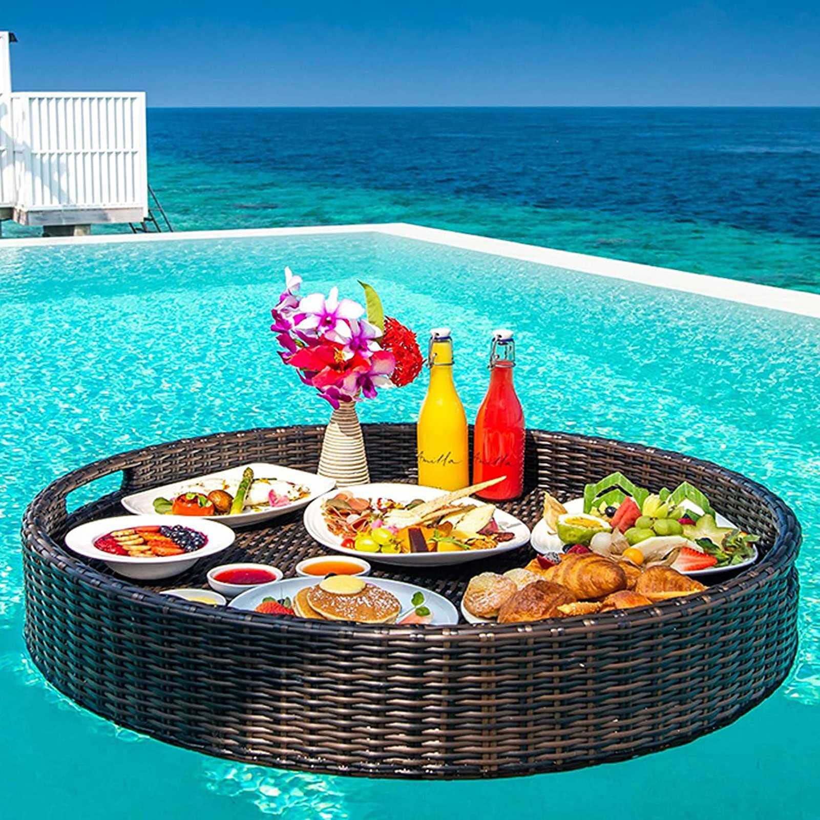 Bandeja de Desayuno Flotante Redonda con Asas. Flotadores para Piscina. Sirve Bebidas y Comida para el Brunch.