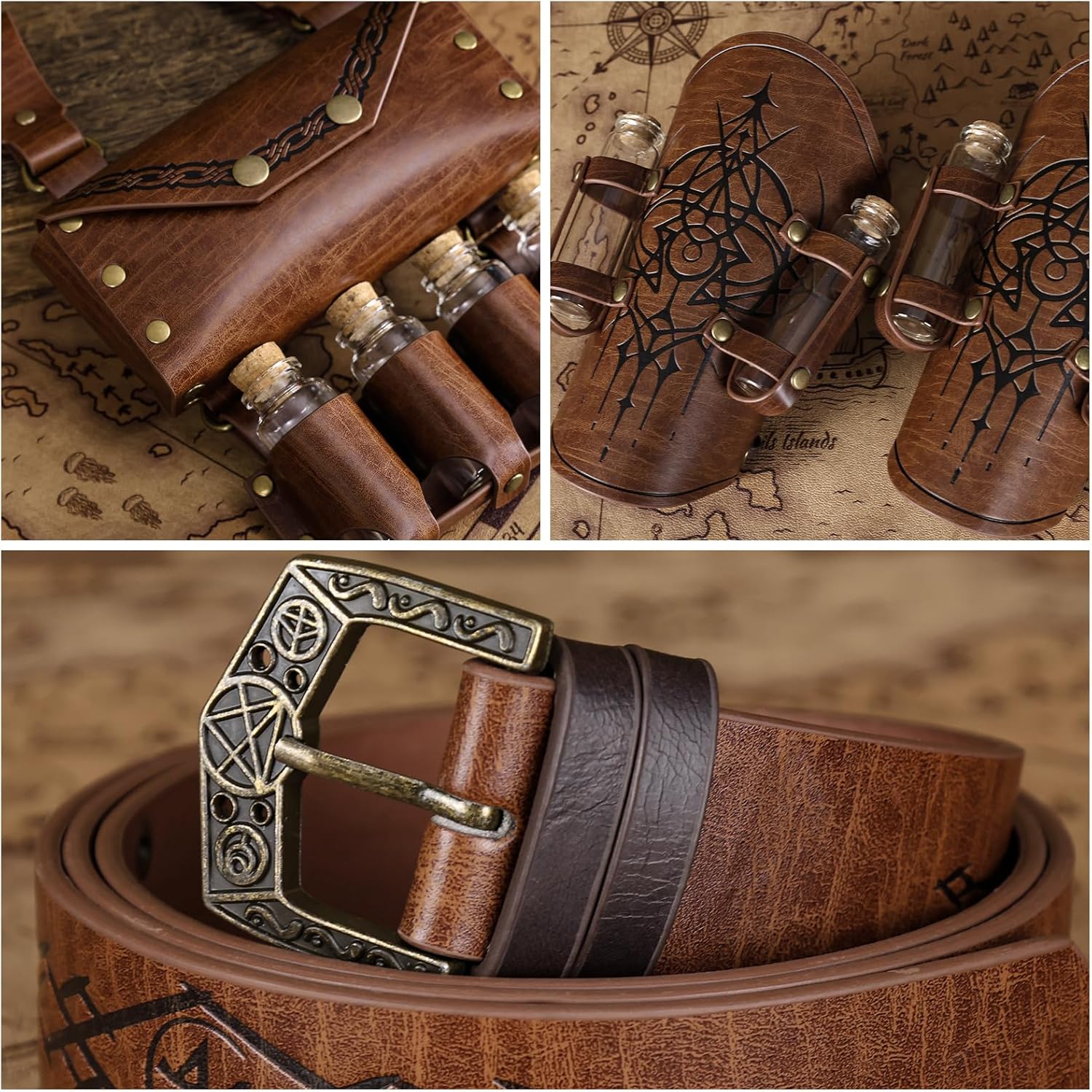 HiiFeuer 4 PCs Medieval Alchemy Set for Kids, Fantasy Wizard Belt Waist Pouch Arm Guards with Vials for Ren Faire Cosplay (Brown A) - Image 2