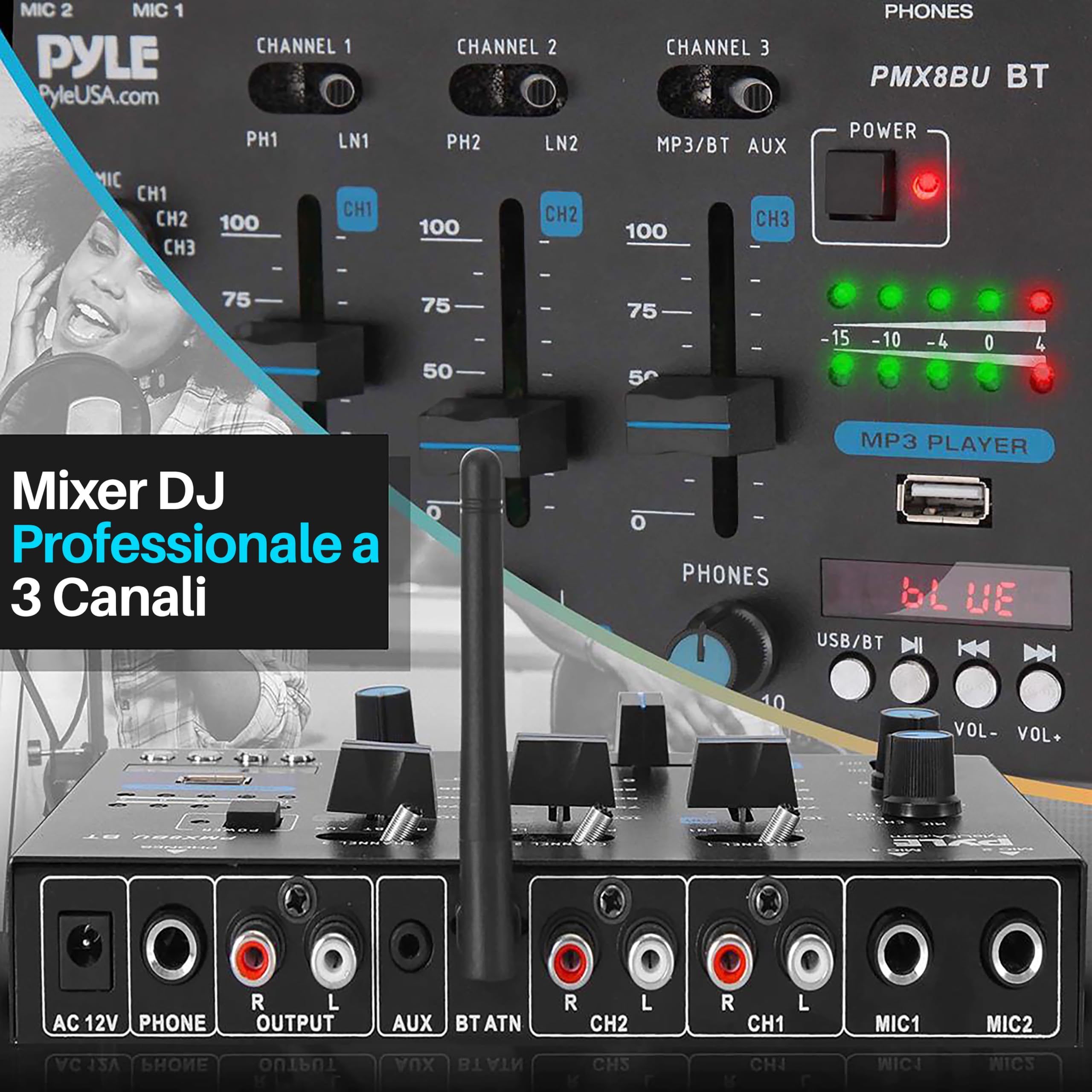 Pyle Mixer DJ Wireless, Mixer Audio Bluetooth 3 Canali, Talkover Microfono, Lettore USB, RCA Phono/Linea, Ingresso Microfono, Console DJ, Jack Cuffie