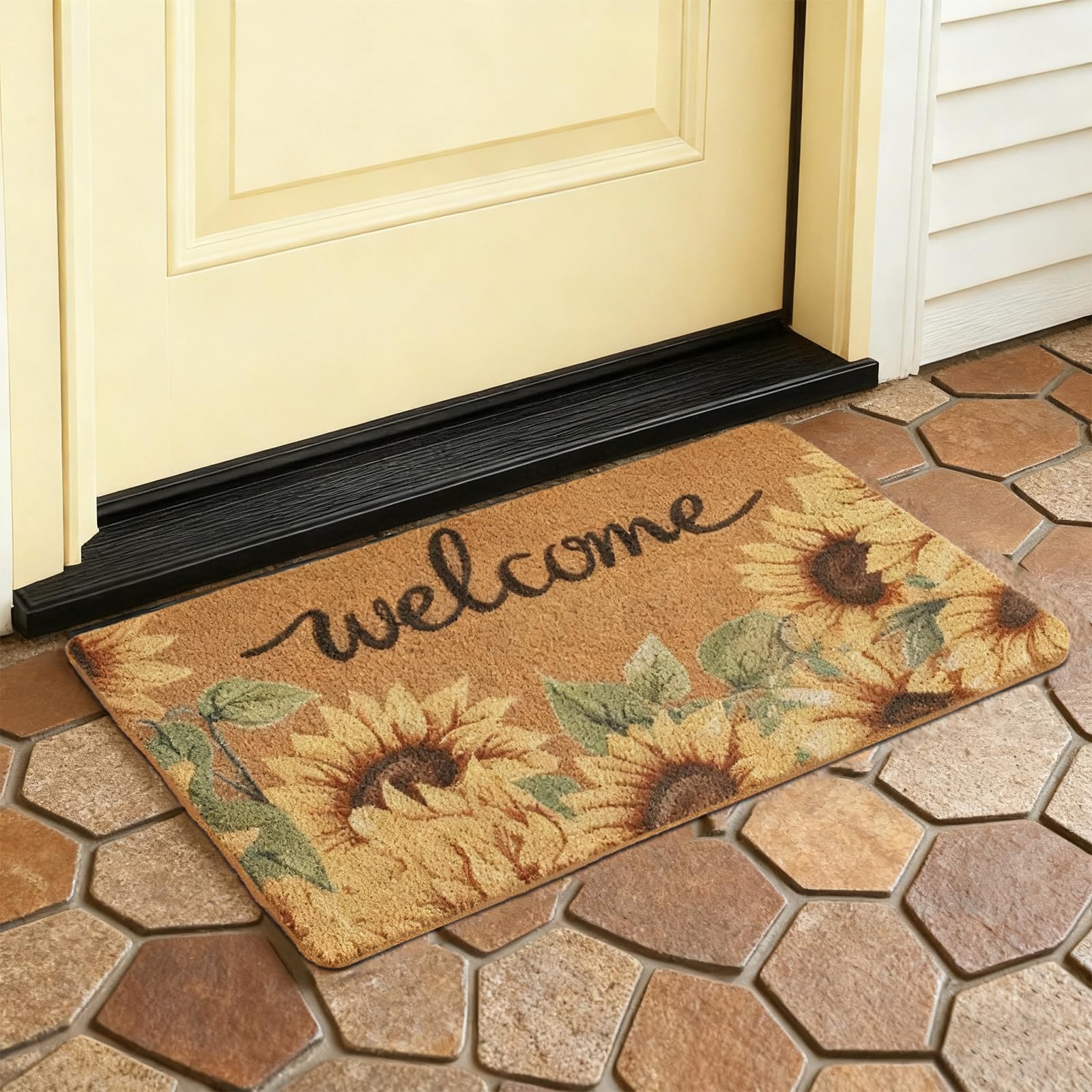 Door Mat Indoor Outdoor Entrance, 60 x 40cm Faux Coir Front Door Mats with Thick Bristles, Decorative Colorful Spring Flower Doormat Inside, Non Slip Outside Welcome Rug for Door Decor, Small